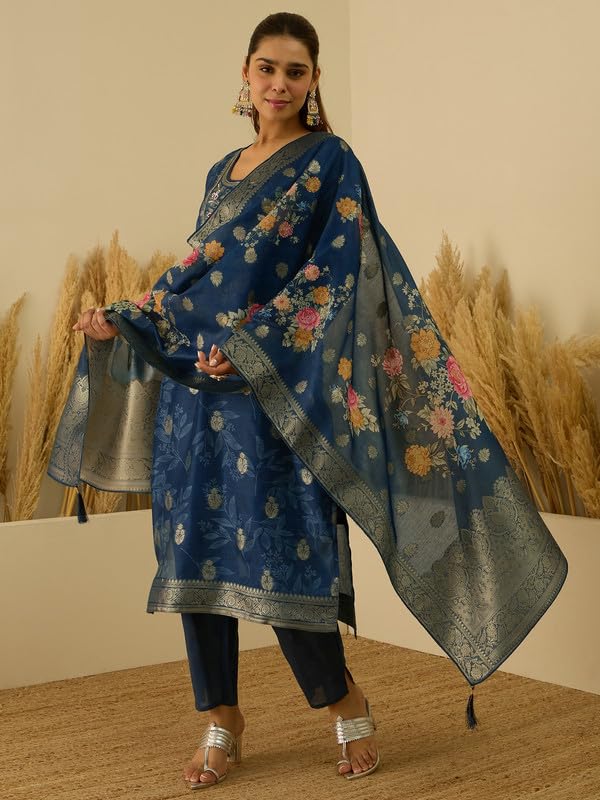 Image of VredeVogel Women's Embroidered Chanderi Silk Jacquard Straight Kurta Pant Set with Dupatta | Perfect for Festive & Casual Ethnic Wear Kurta Set