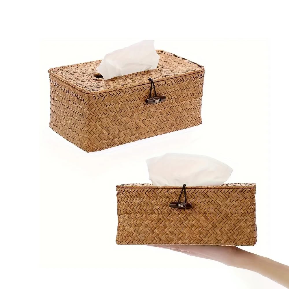 AMERTEERTissue Box Cover | Rustic Rectangular Woven Tissue Holder 27x12x9cm | Decorative Brown Seagrass-Style Non-Rattan Organizer for Car/Bedroom/Living Room & Office Use with Natural Materials