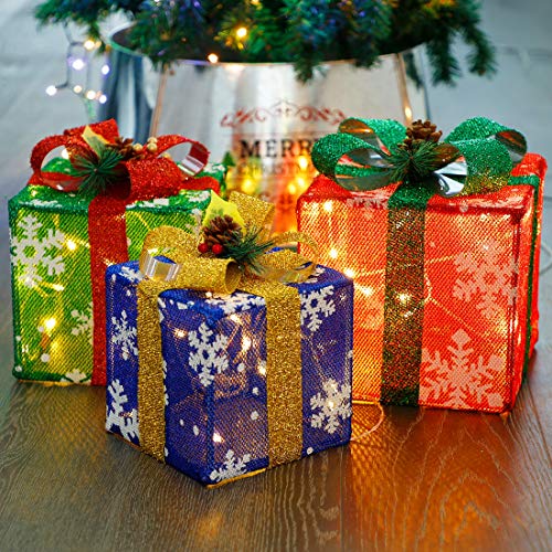 ATDAWN Set Of 3 Lighted Gift Boxes Christmas Decorations