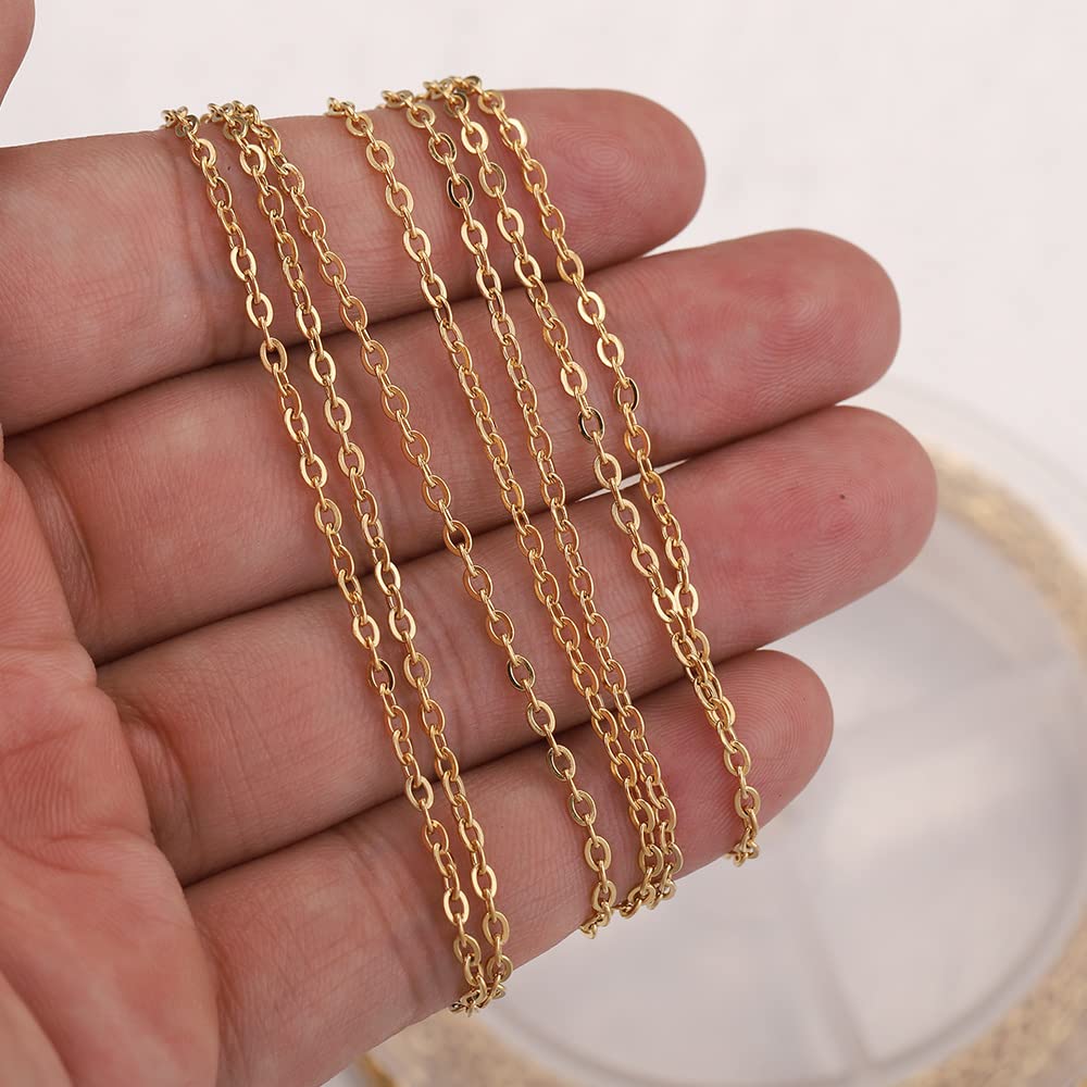 Kit per creazione di gioielli in acciaio inossidabile dorato 10 metri Catena portacavi da 1,5/2 mm Chiusura a moschettone e anello di salto di apertura Collana di gioielli fai da te-Oro 2 mm