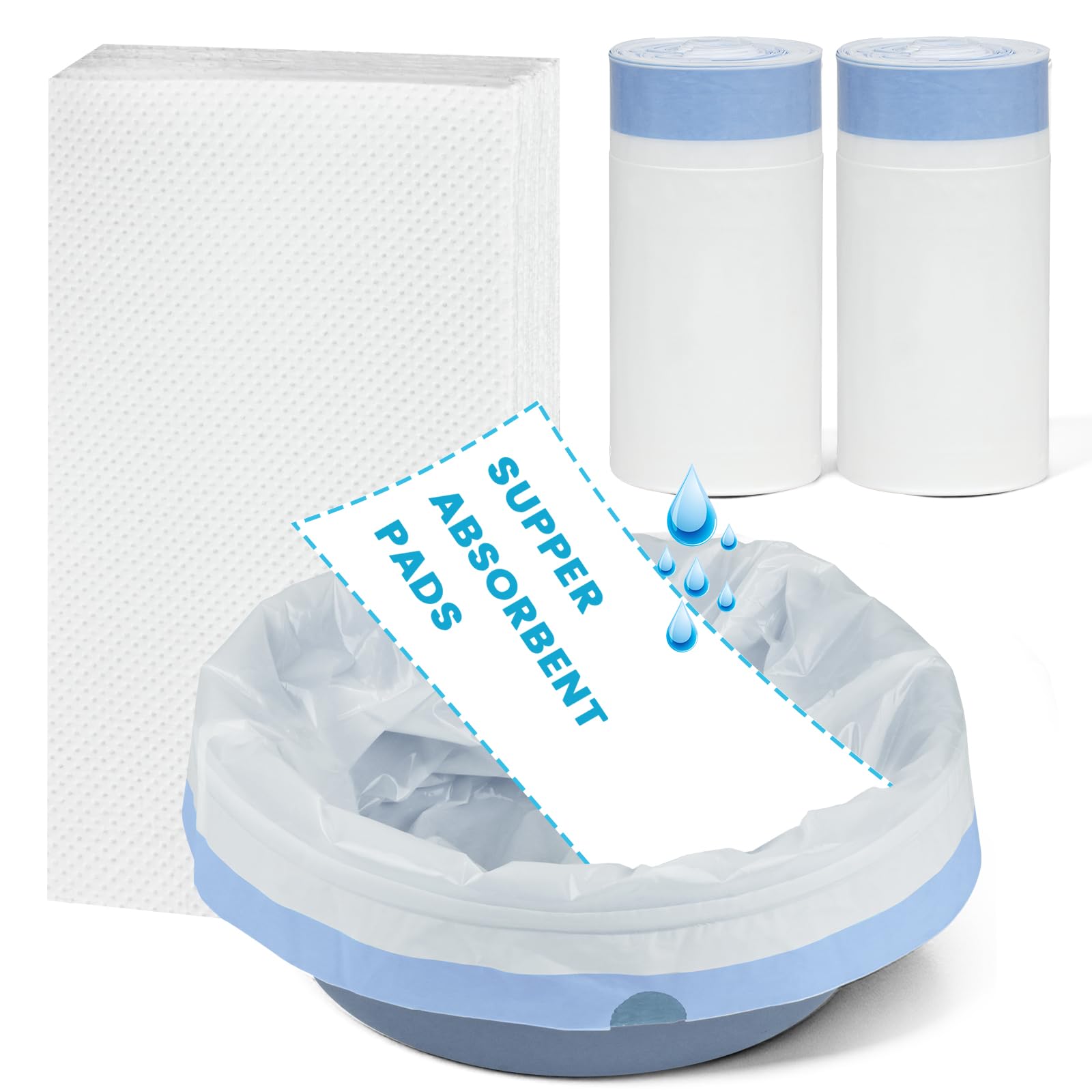 ACWOO Forro de Inodoro con Almohadillas Absorbentes, 50 PCS Fundas Desechables Súper Absorbentes, Bolsas para Orinal con Cordón Almohadilla Absorbente Adecuado para Sillas de Baño Adultos(Blanco)