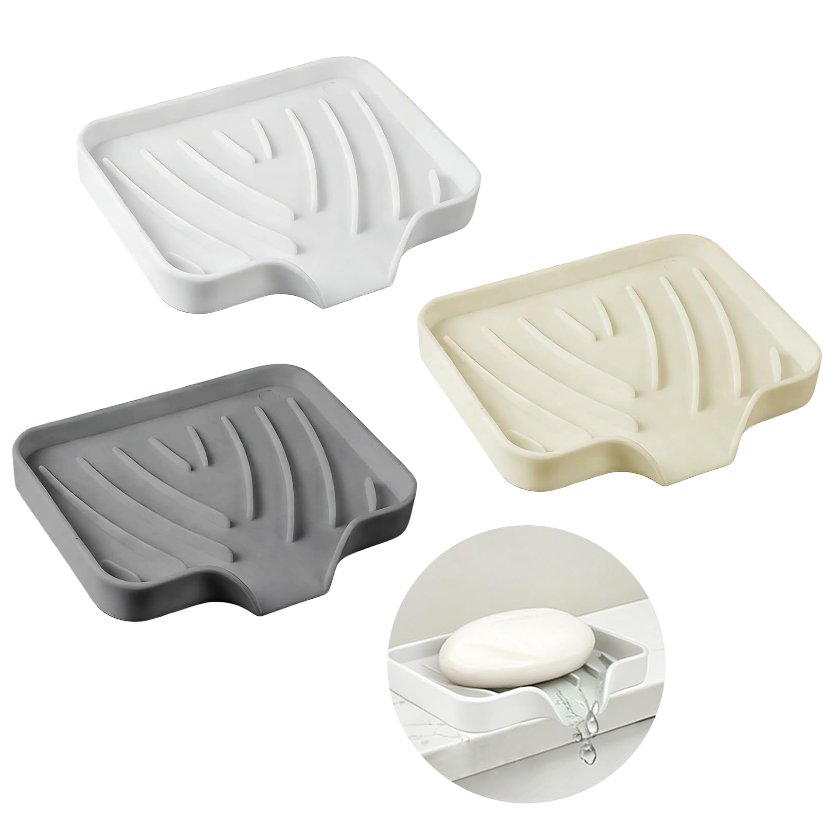 3 Pcs Silicone Soap Dish with Drainage, Anti-Slip Self Draining Soap Holder