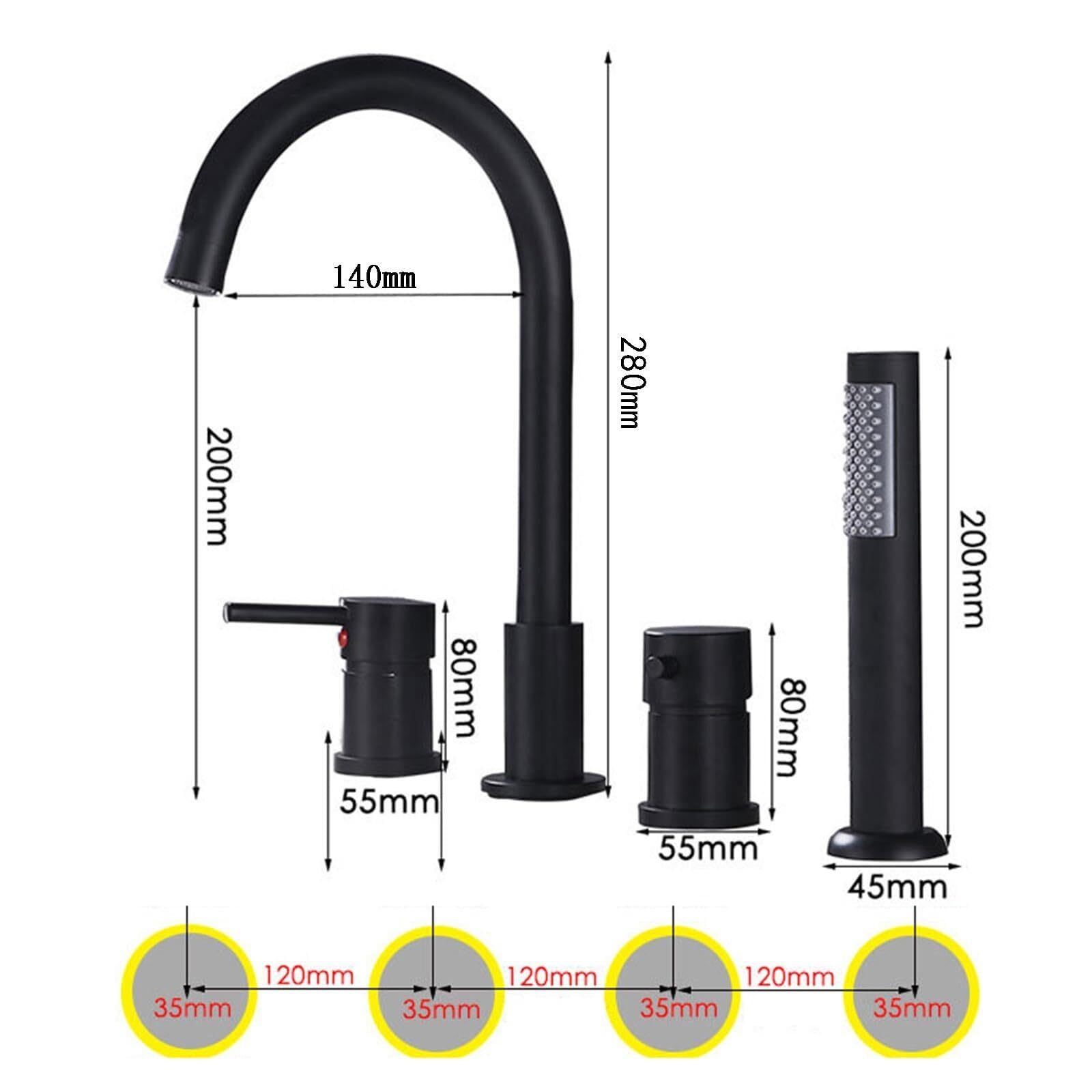 Rubinetto Vasca 4 Fori con Doccetta, Miscelatore Bagno in Ottone G1/2, 360°(Bianco+cromo)