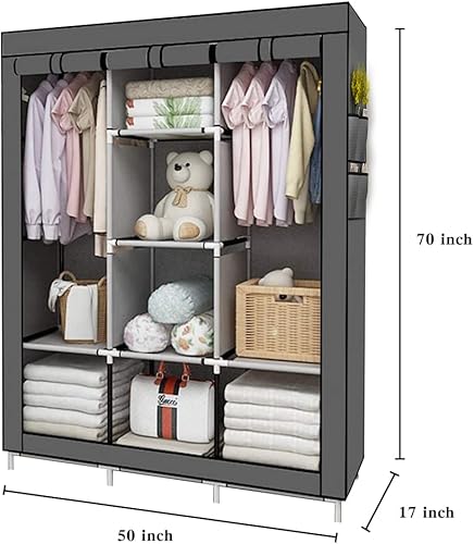 Miniatura 4 de PLKO Armario portátil, organizador de almacenamiento de armario, armario portátil con puerta enrollable con cubierta de tela Oxford negra, duradero
