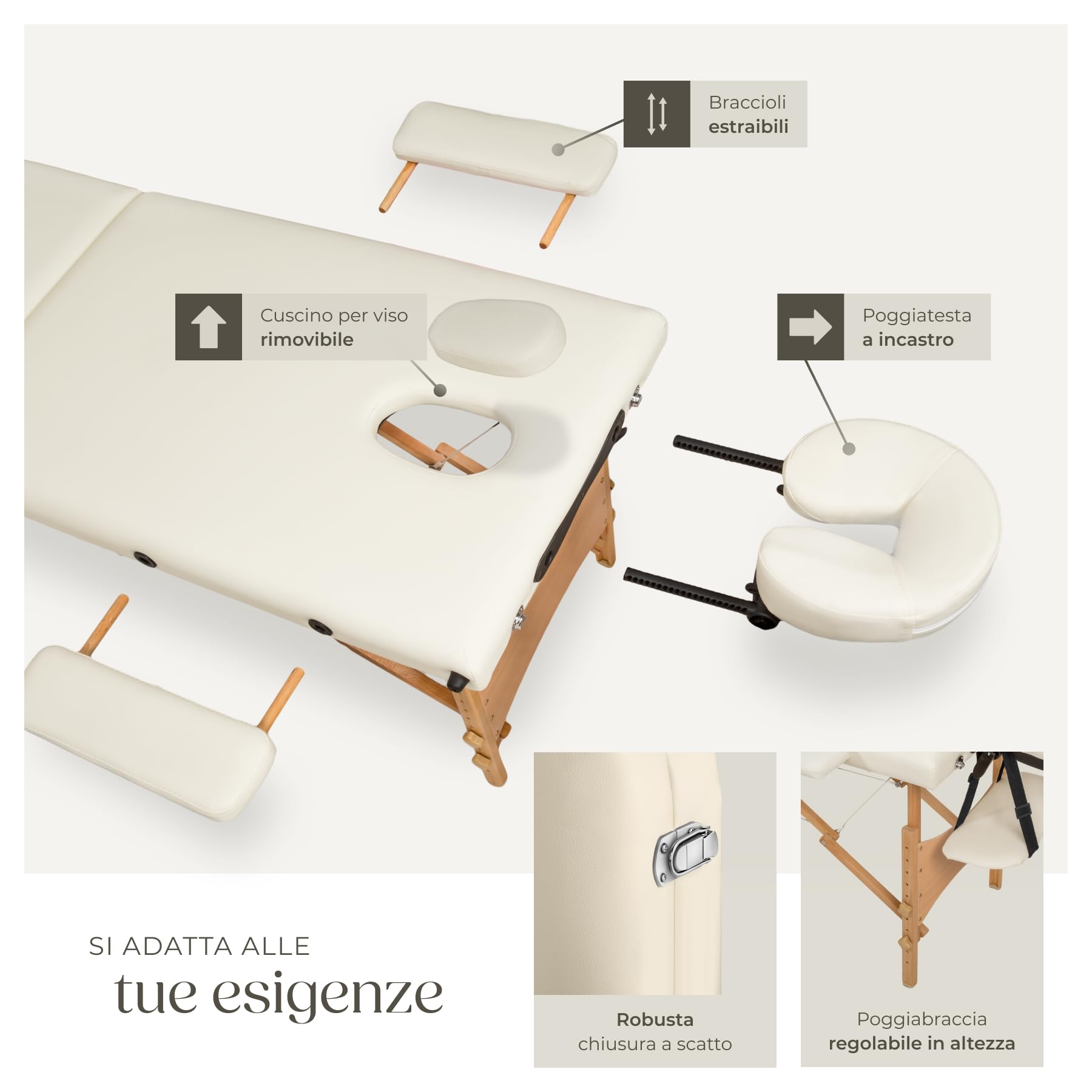 tectake® Lettino Massaggi Portatile 2 Zone, Pieghevole, Poggiatesta Rimovibile, Rivestimento Idrorepellente, Bracciolo Comodo, Pulizia Igienica Facile, Estetista, Max 210x95x84cm, Peso 14kg - Beige