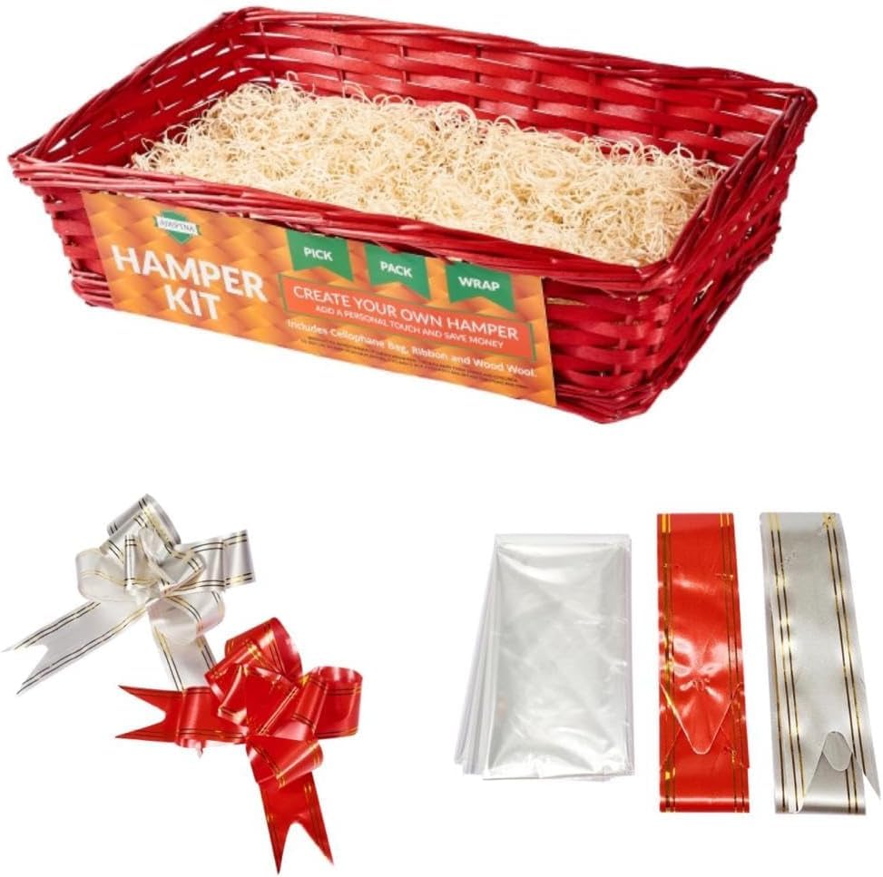 ADEPTNA Premium Wicker Gift Hamper Create your Own Festive Present – Includes Smooth Rectangle Basket Ribbon Wood Wool and Cellophane Beg (RED)