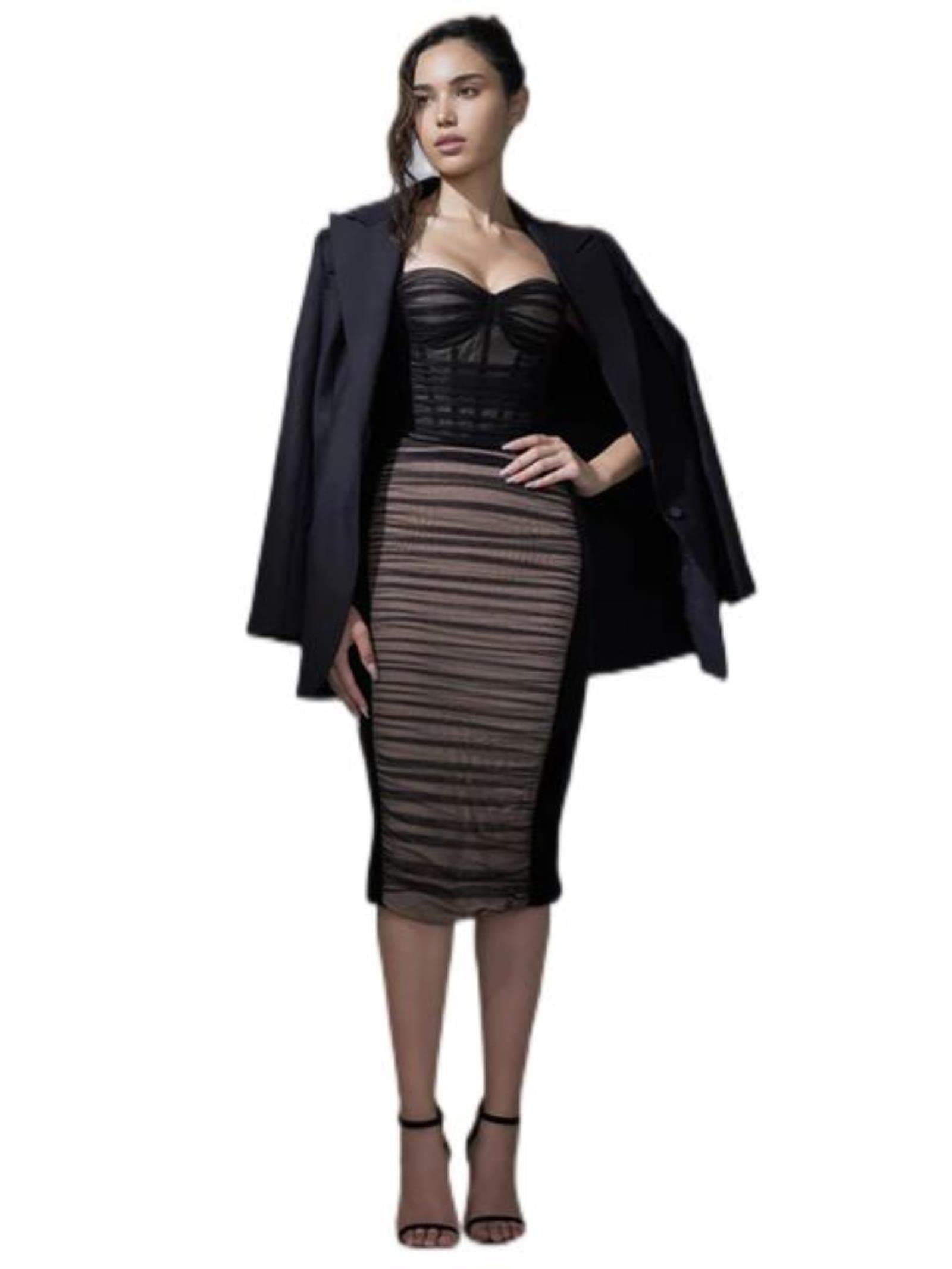 Weiting Women's Black Elegant Two Layer Mesh Sexy Midi Dress For Robe Spring New Sleeveless Backless Bodycon Club Party Dress-,L