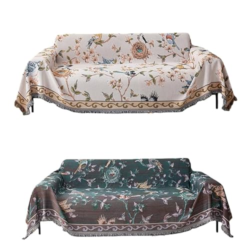 Lopres ブランケット ソファーマット キャンプ おしゃれ フリンジ付き 両面使える 水洗い 四季通用 長方形 カーペット 多機能 (花と鳥,180*180cm)