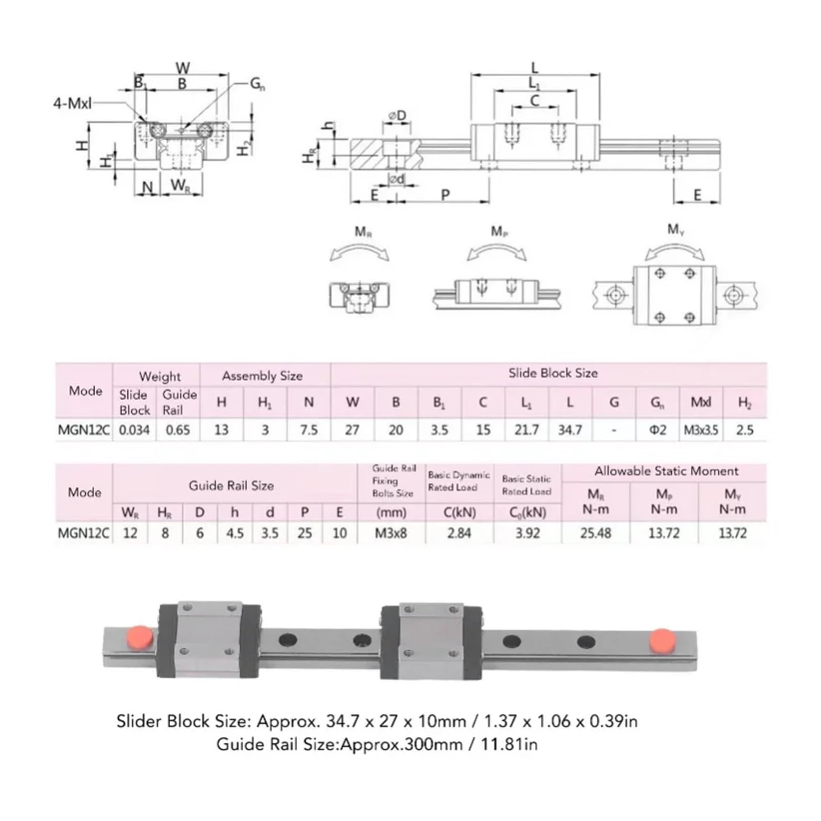 Zestaw prowadnic liniowych miniaturowych łożysk MGN12C z 2 szt. Blokiem ślizgowym do drukarek 3D i części CNC 300mm