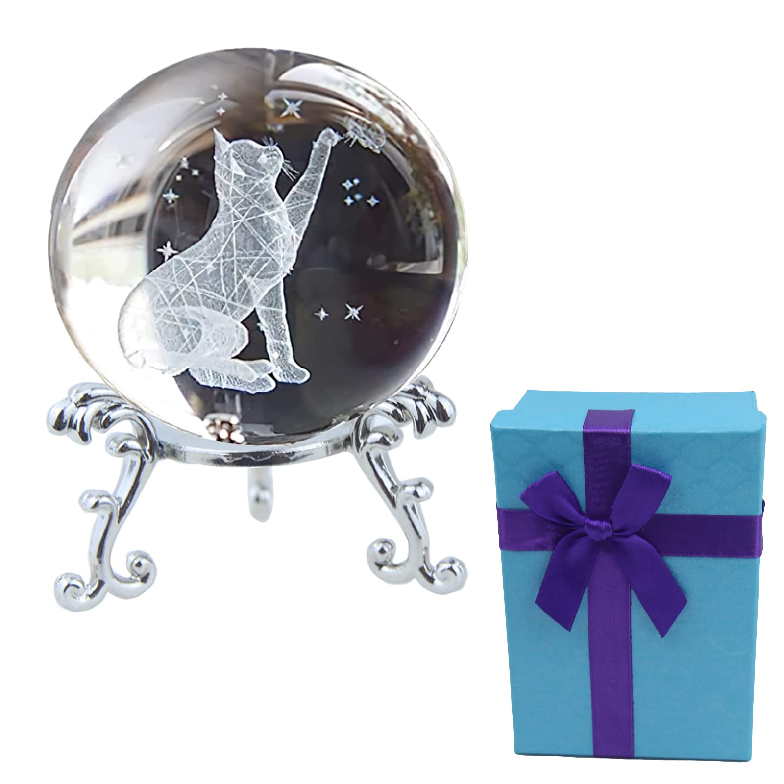FAICOIA Cat Crystal Ball with Stand Christmas 3D Crystal Ball Figurine Glass Laser Engraved Decorative Art Crystal Sphere Glass Ball Paperweight Gifts for Cat Lovers Women 2.5in