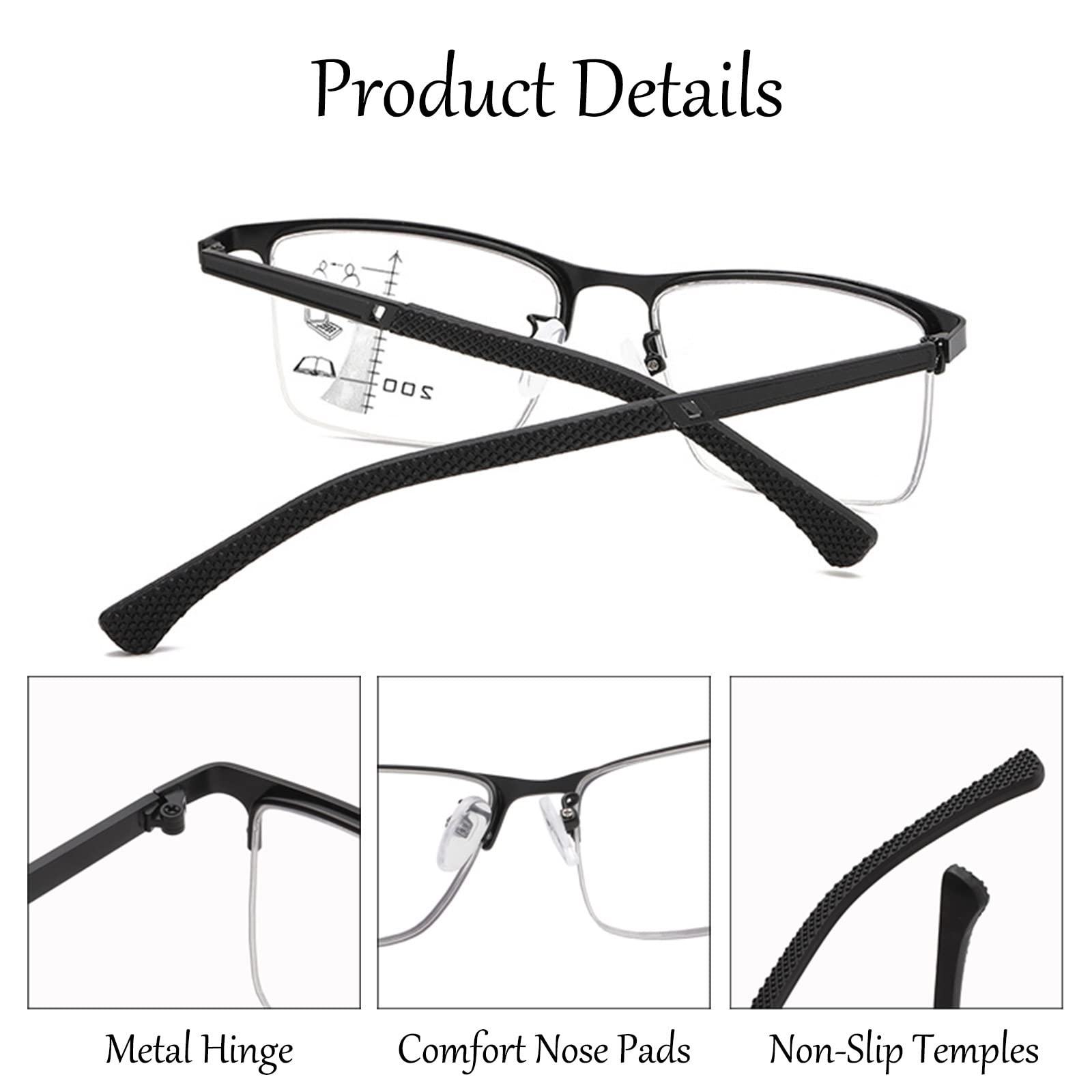 Gafas de Lectura de Medio Marco para Hombres Gafas de Ancianos HD de Enfoque Múltiple Progresivo con Bisagra Elástica Lector de Marco de Metal de Negocios,Black-+3.00
