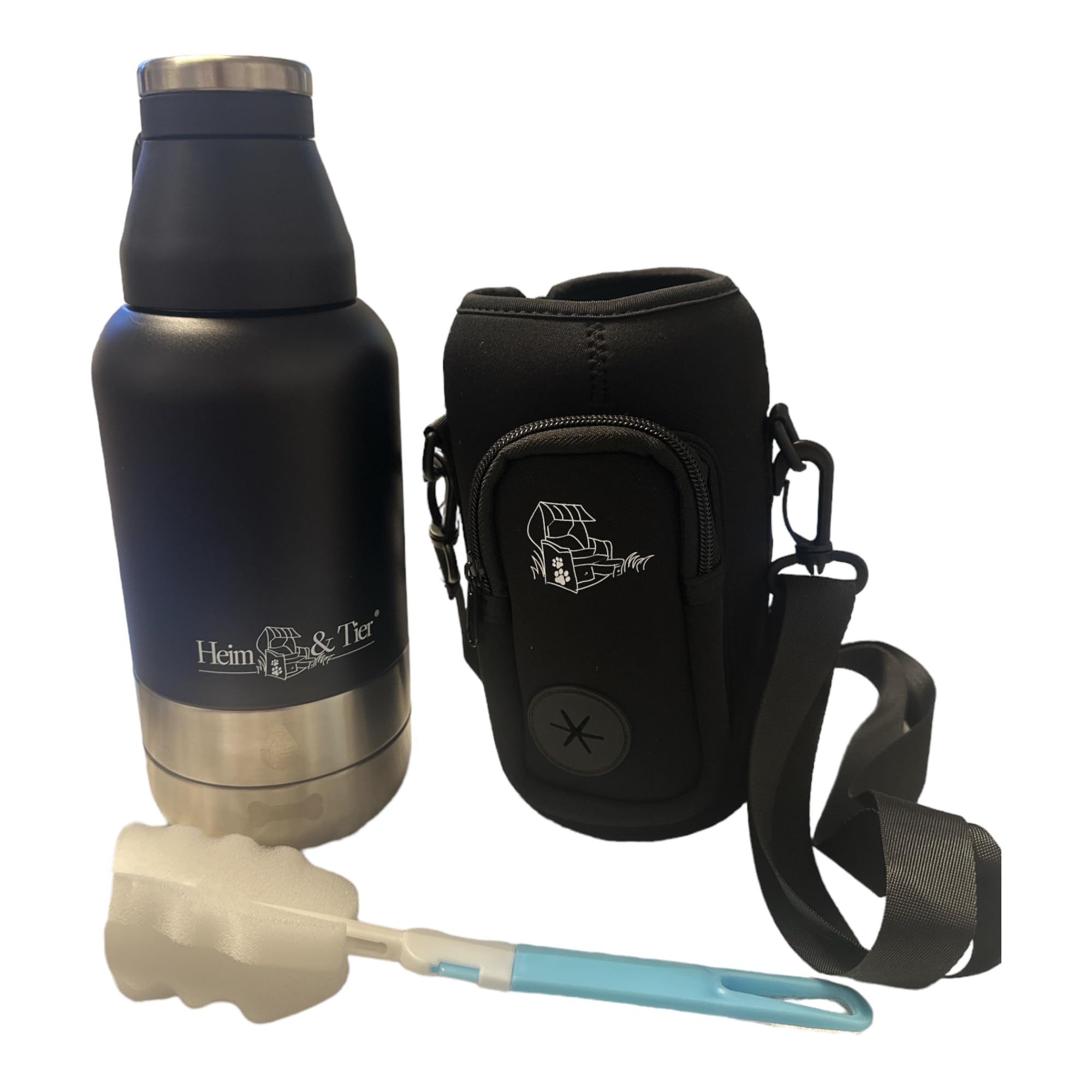 Heim & Tier® Botella de agua para perros para viajes, 1 litro, botella de agua con comedero, aislado de acero inoxidable, botella para perros, botella para perros con recipiente para comida, tazón,