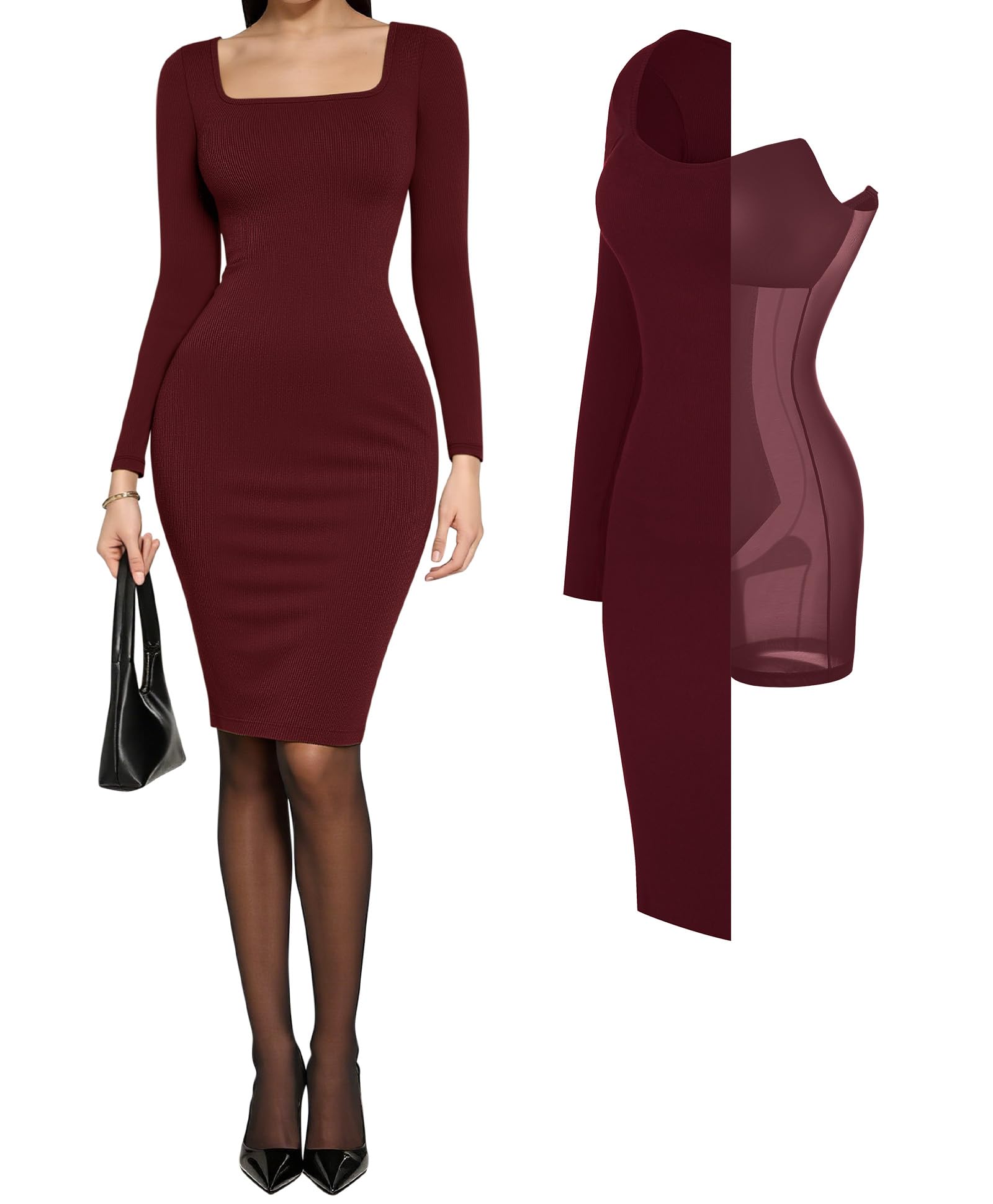 Popilush Shapewear Dress Mini Bodycon Dress 8 in 1 Midi Dress with Build in Shapewear Long Sleeve Dress for Women Tummy Control