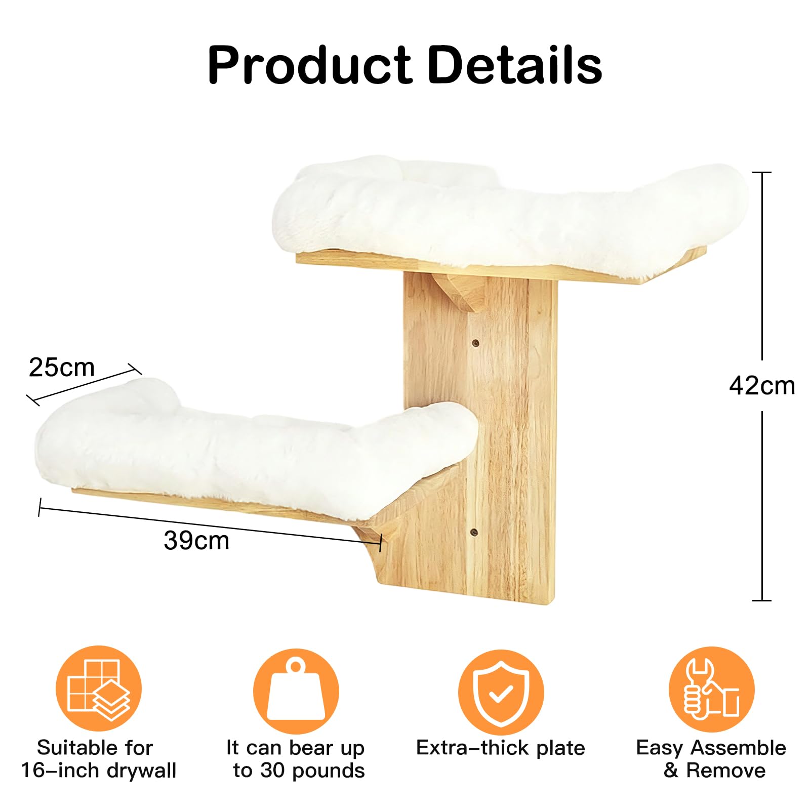 Kletterwand Katze, Doppellagig Plattform-Katzen-Wandmöbel aus Massives Gummiholz, Kleiner Katzenbaum, 40,6 cm Wandmontiertes Katzen mit Plüschbett, Wandregale zum Klettern, Spielen (Plüsch)