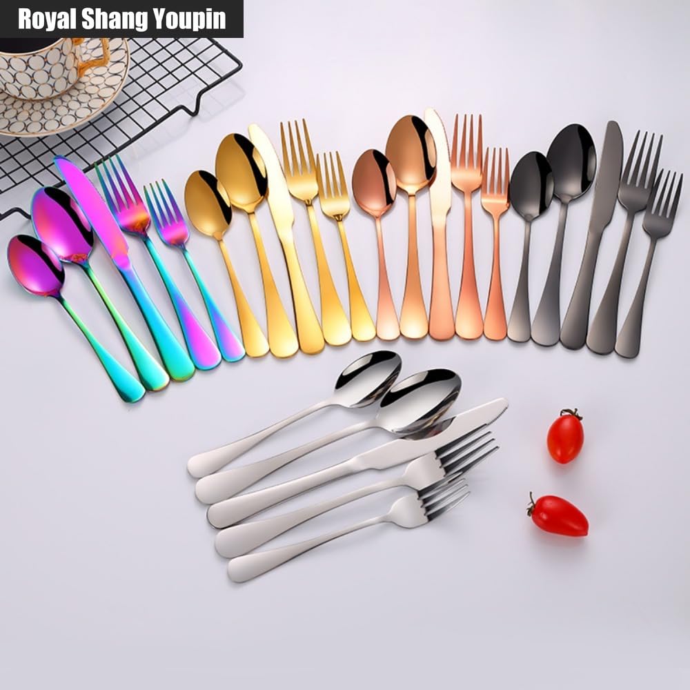 Moderno E Minimalista Allargamento Appiattimento Maniglia Cucina Acciaio Inossidabile Posate Stoviglie Posate Set Coltello Da Bistecca Forchetta Cucchiaio Cucchiaino (Oro bianco,20 pezzi)