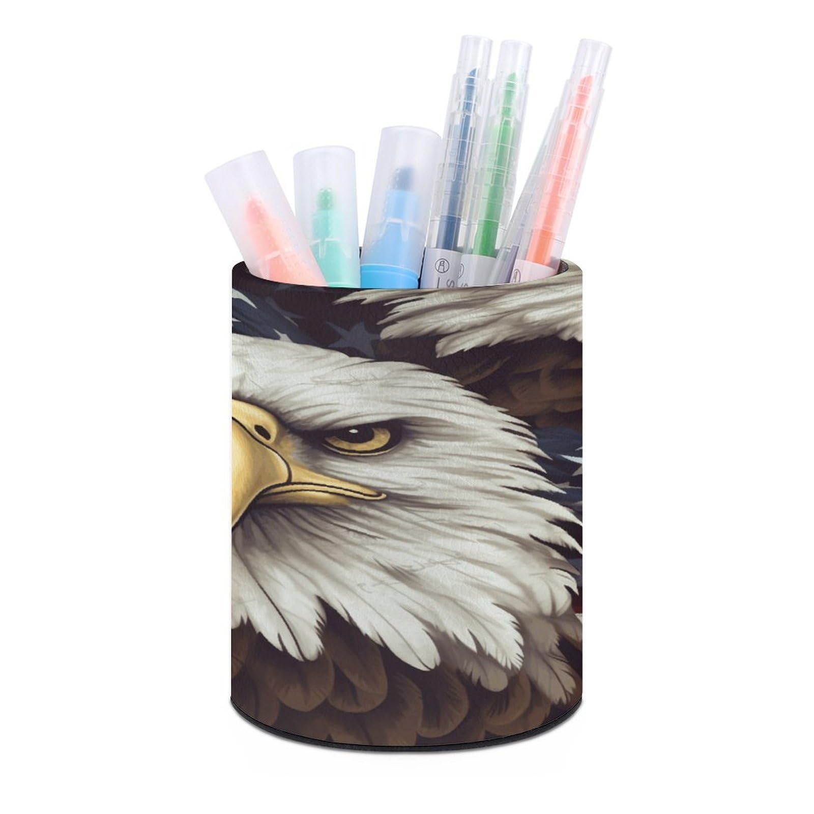 VstaDank Bald Eagle Pen Holder PU Leather Pencil Cup Minimalist Desk Pencil Holder Round Make Up Brush Organizers For Office Dorm Room&Vanity Desk Accessories