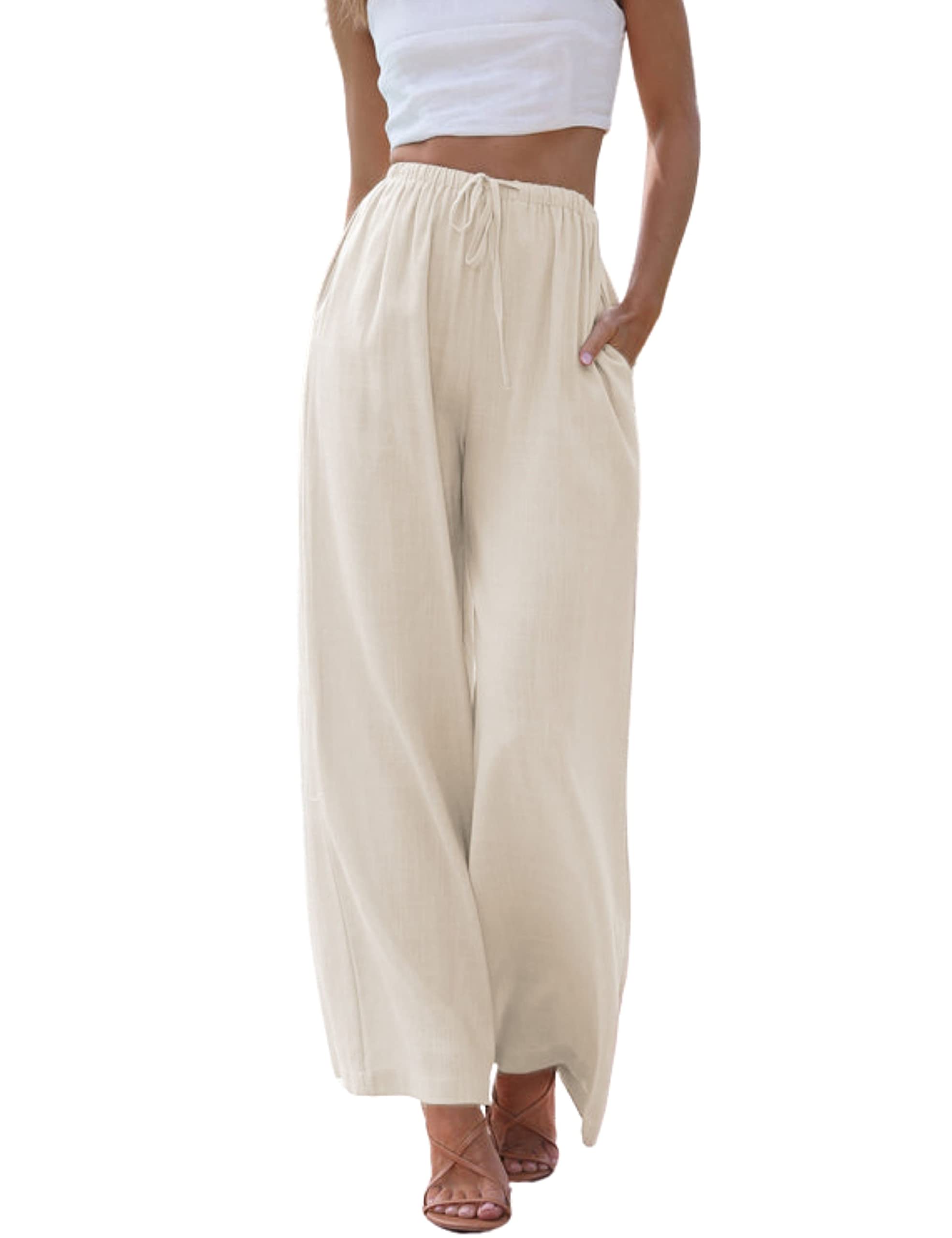 Hooever Womens Wide Leg Cotton Linen Pants High Waist Adjustable Tie Knot Lounge Trousers