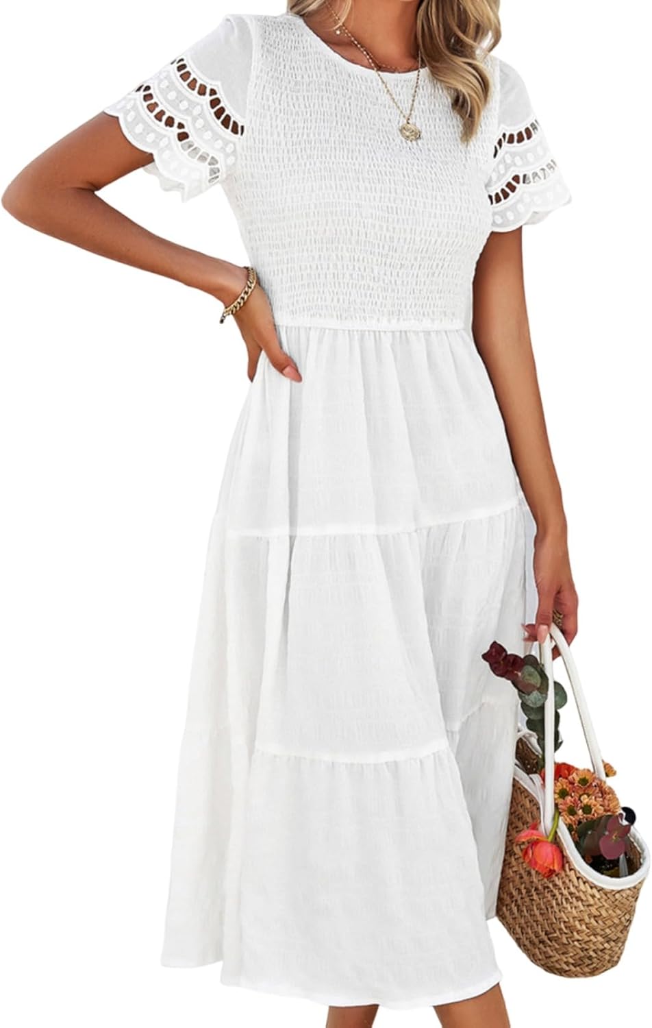 Sumleno 2026 Women’s Summer Midi Dresses Short Sleeve Smocked Tiered Dress Vacation Beach Wedding Guest Elegant Boho Sundress
