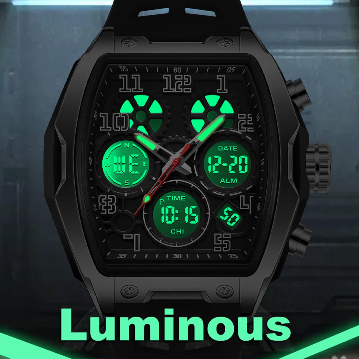 findtime Reloj digital analógico para hombre, cuadrado, único, deportivo, militar, táctico, resistente al agua, con cronómetro, alarma, cuenta regresiva, calendario luminoso, pantalla curvada