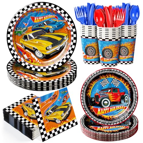 168pcs Racing Car Birthday Party Decorations Race Car Plates Napkins Disposable Parper Cups Blue Forks Tableware Set Party Supplies for Kids Boys Birthday Decor 24 Guests