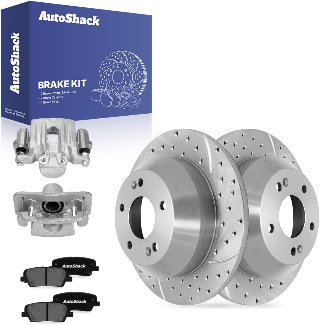 AutoShack Rear Solid Drilled & Slotted Silver Zinc Coated Brake Rotors + Ceramic Pads + Calipers 8-PC Brake Kit Replacement for 2011-2015 Kia Sorento SilverShield Pro 11.89" (302 mm)