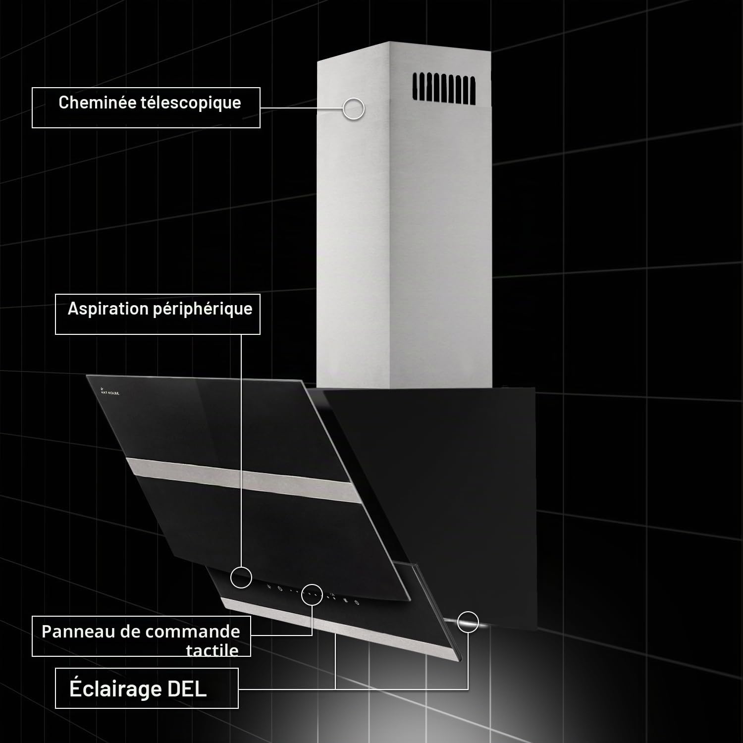 Hotte aspirante cuisine 90 cm | Hotte Murale Inclinées | acier inoxydable | verre noir | arrête automatiquement | Opération tactile | HERMES9005S