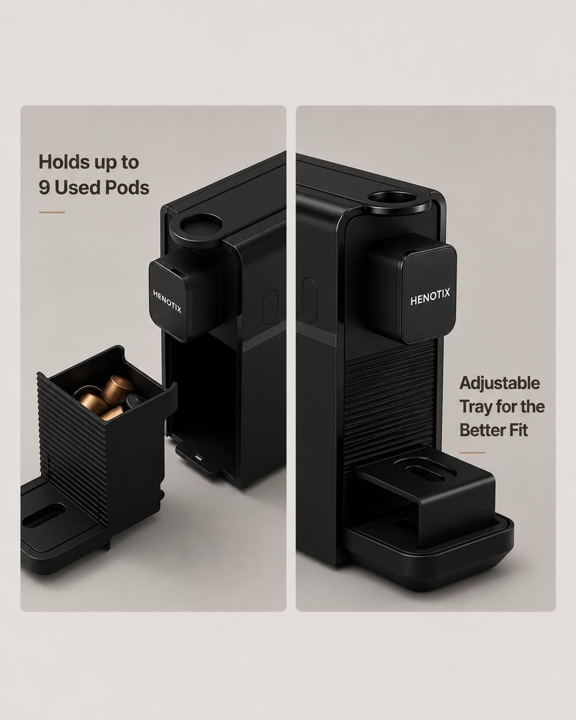 Cafetera de cápsulas compatible con Nespresso OriginalLine – Bomba de 20 bares, 3 tamaños de taza, calentamiento rápido, bandeja ajustable y soporte magnético desmontable, diseño compacto con