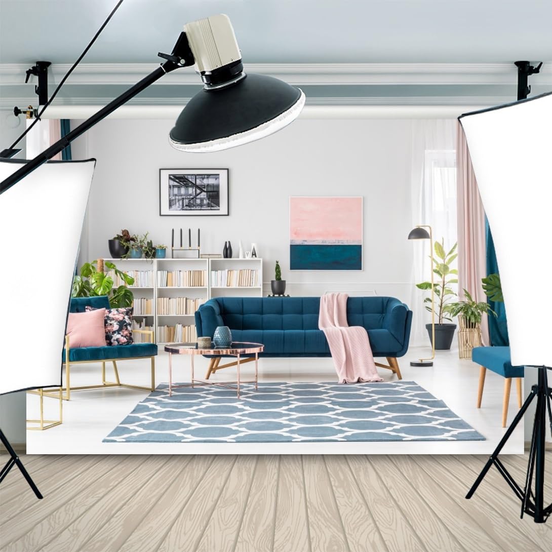 Aoihrraan 4,5x3m Modernes Wohnzimmer Backdrop Sofa Bücherregal Vorhang Teppich Heller Raum Innenfotografie Hintergrund Erwachsene Videokonferenz Geschäftsbüro Home Dekoration Fotostudio Requisiten