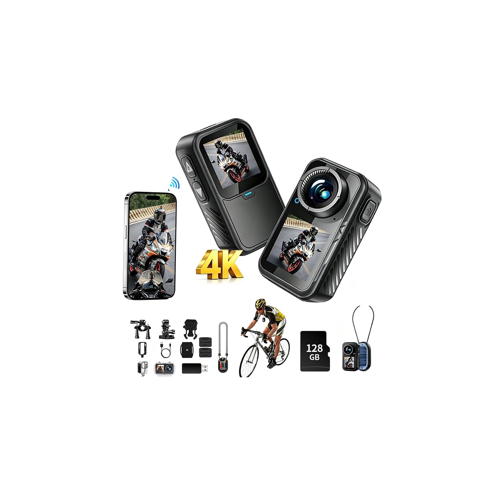 4K Motorcycle Camera with Stabilization & EIS,POV Chest Magnetic Action Camera with Dual Screen,Wearable Thumb Waterproof Cam,Body cam with Helmet Mount for Motorcycle/Bike Cycling or Running(128gb)-image-4