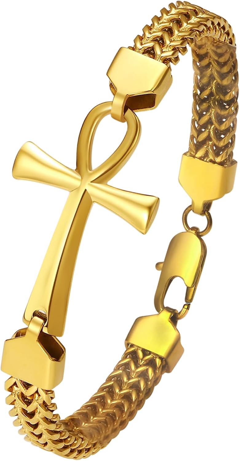 Ankh Cross Bracelet for Men: Stainless Steel Punk Hip Hop Double Layered Braided Franco Chain Bracelet Egyptian Ankh Amulet Jewelry Gifts for Christmas Birthday Husband Son Boyfriend