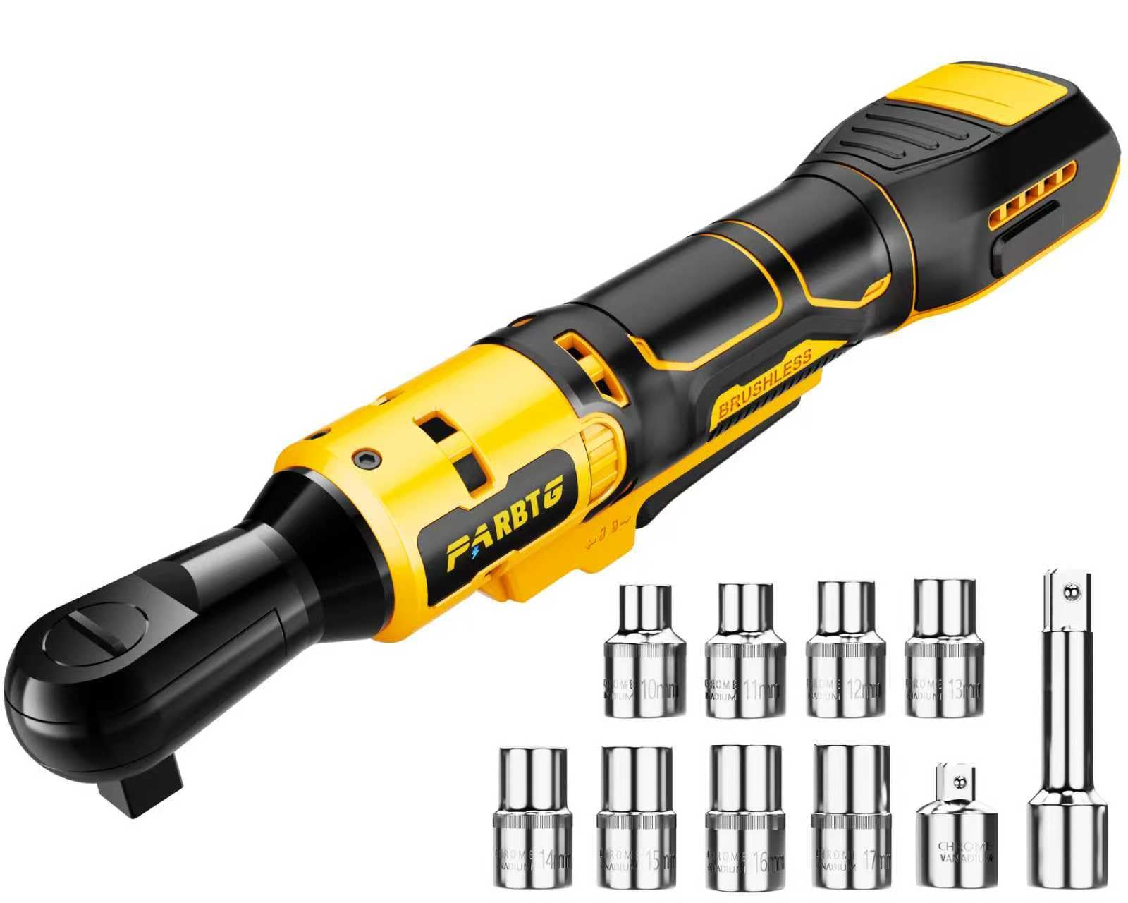 3/8 Inch Cordless Ratchet Wrench Compatible with DeWalt 20V Max Battery, 74Ft-Lbs (100N.m) High Torque, Brushless Motor, 0-400RPM Variable Speed, 8 Sockets, 3/8" to 1/2" Adapter, 3" Extension Bar