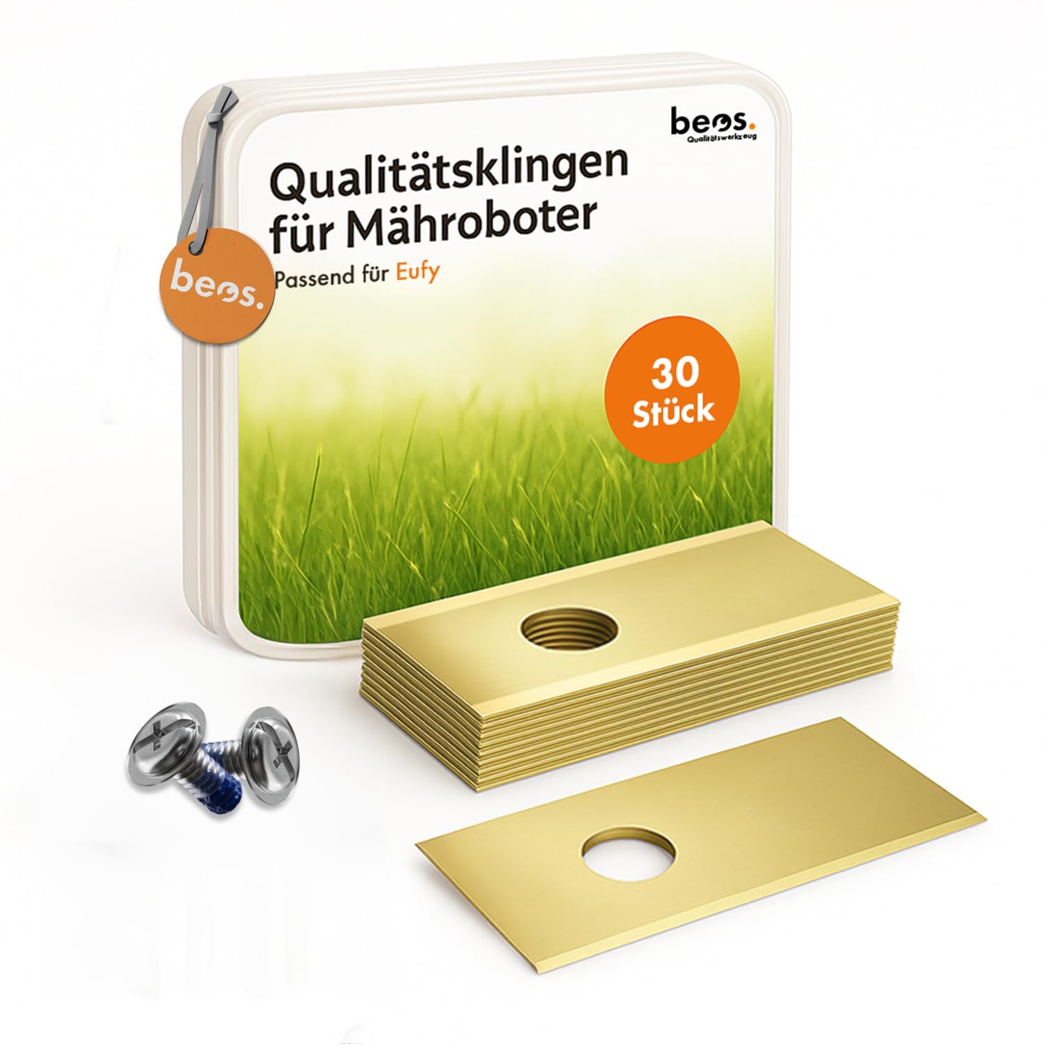 BEOS 30x premium titanium replacement blades & screws with lock - Compatible with Eufy robotic lawn mower models - For a perfect cut and a healthy lawn