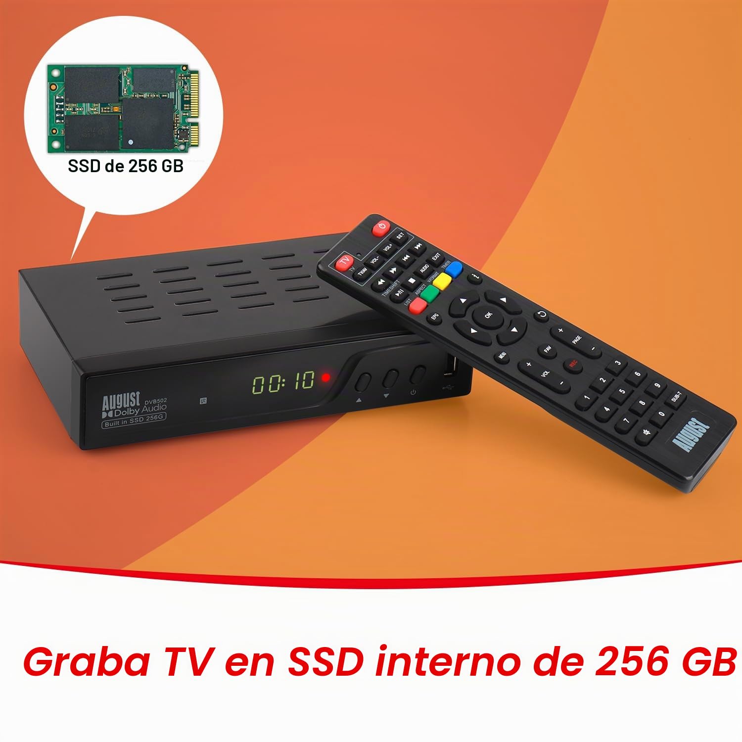August DVB502 256 GB SSD Decodificador TDT HD, Tuner Doble Receptor TDT TV Grabadora con EPG de 7 Días, HDMI Full HD 1080p, Pausa y Rebobinado en Tiempo Real - Subtítulos y Descripción de Audio