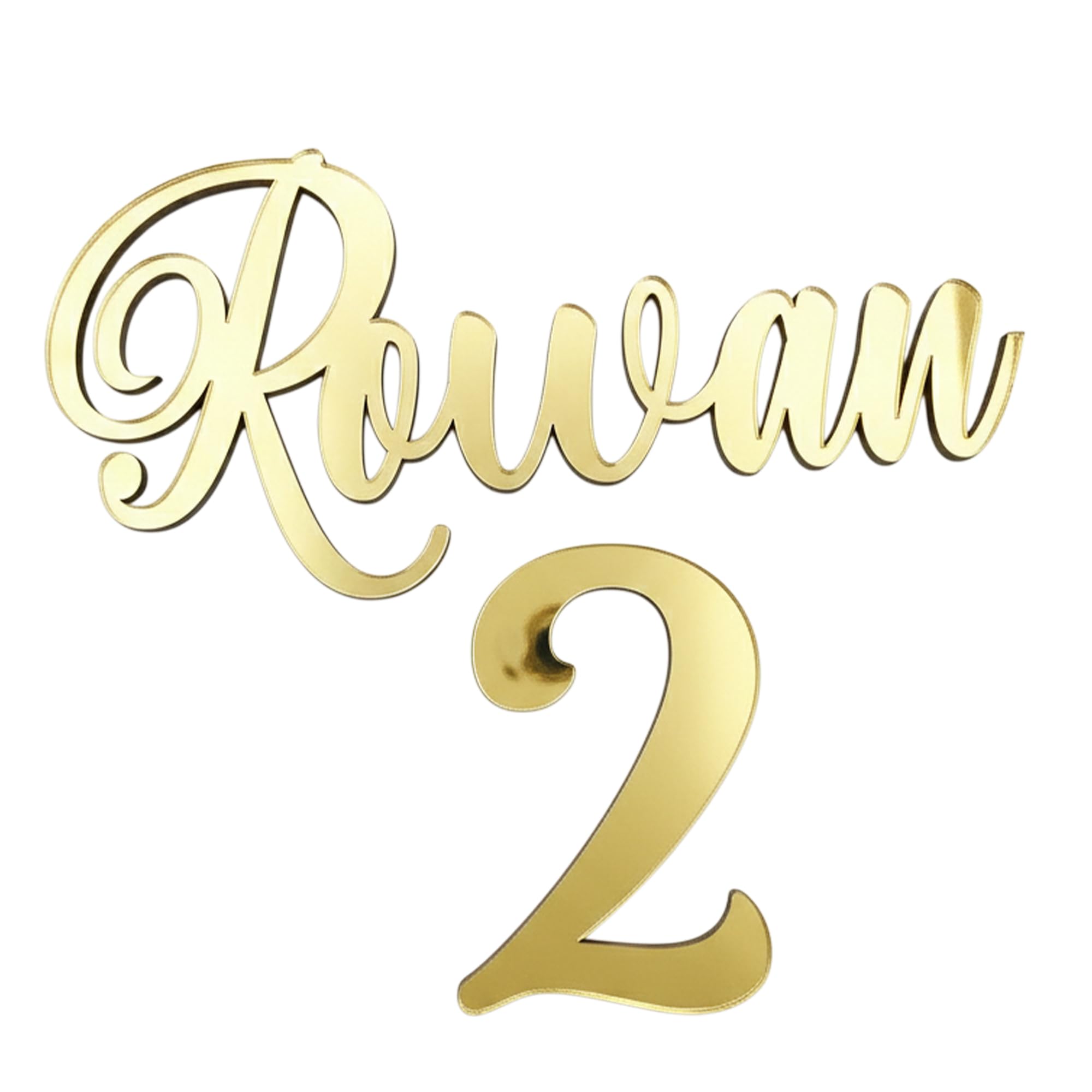 World of Sparkles | "Rowan 2" Personalized Name & Number Celebration Cake Name Charm Acrylic 3mm Thick and Classy - 3" 4" 5" 6" (Gold Mirror) 4inch
