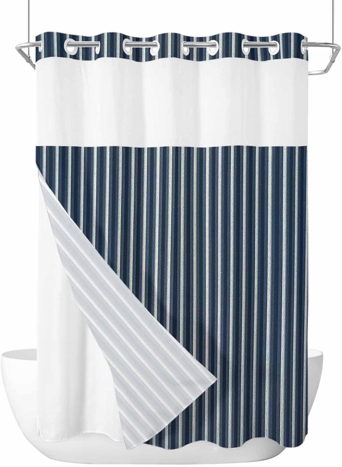 ALAGEO Shower Curtain with Snap-in Fabric Liner Set Blue Lines No Hook Shower Curtain with Mesh Top Window Stripe Shower Curtains Waterproof 72x84