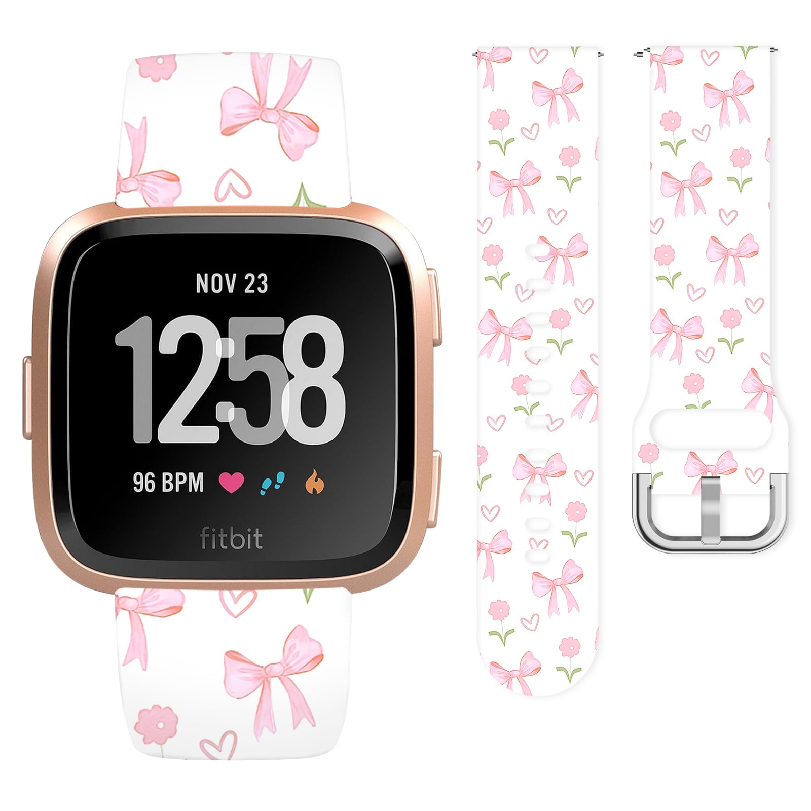 Vozehui Bow Flower Silicone Straps for Fitbit Versa/Versa 2/Versa Lite, Cute Soft Unique Printing Technology, Waterproof Durable Adjustable Easy Install Replacement Band for Women Girls