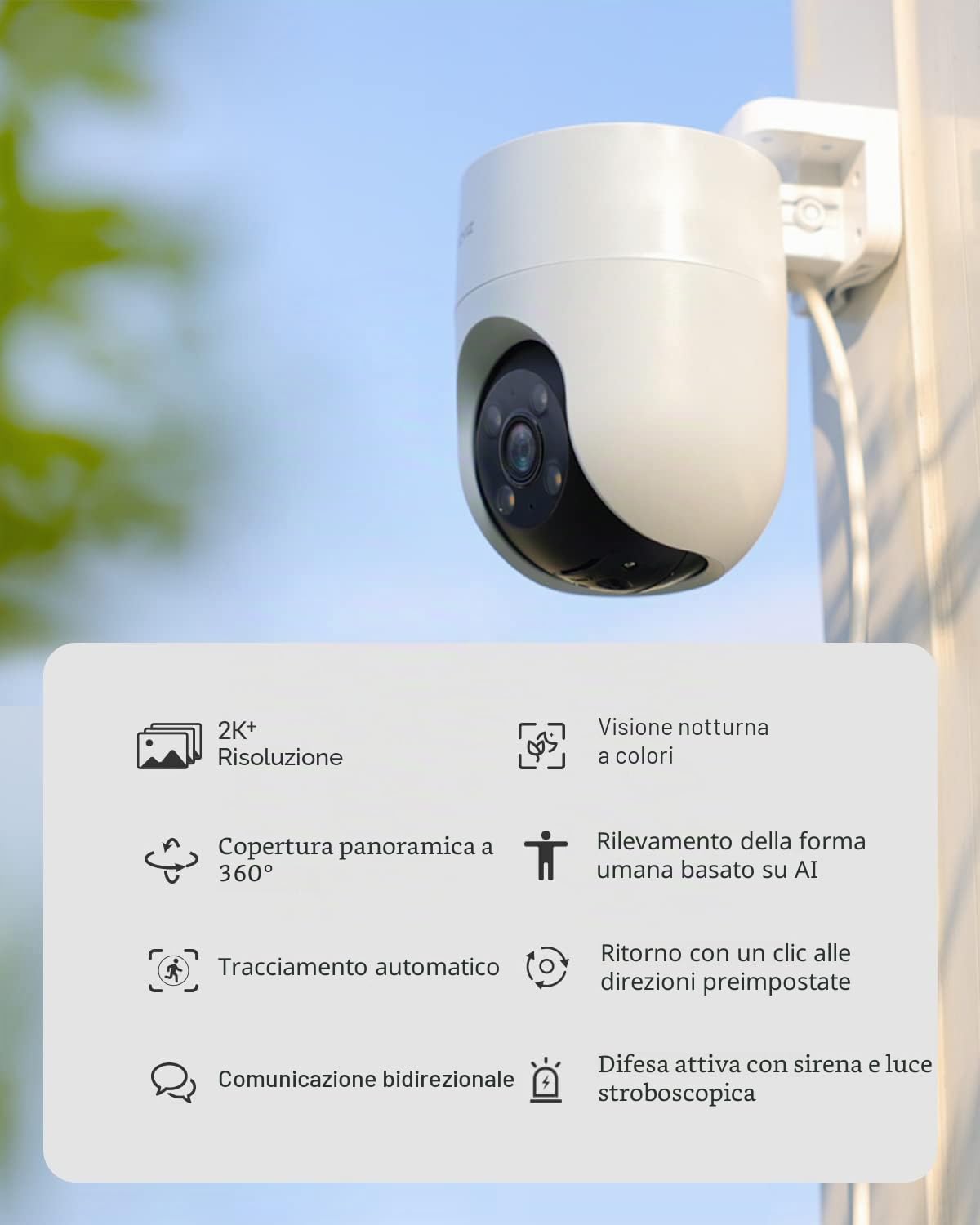 EZVIZ Telecamera da esterno 2K H8c, Wi-Fi obiettivo motorizzato +sd 128Gb | Protezione intelligente a 360 gradi, Sensore PIR, Visione notturna, include Micro SD da 128 GB