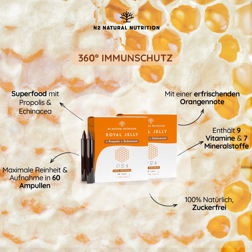 Gelée Royale Pur mit Propolis + Vitamin C + Echinacea. 60 Tage. 2000 MG. Reduziert Müdigkeit und andere Symptome, erhöht Energie, Vitalität und stärkt den Stoffwechsel. CE. N2 Natural Nutrition