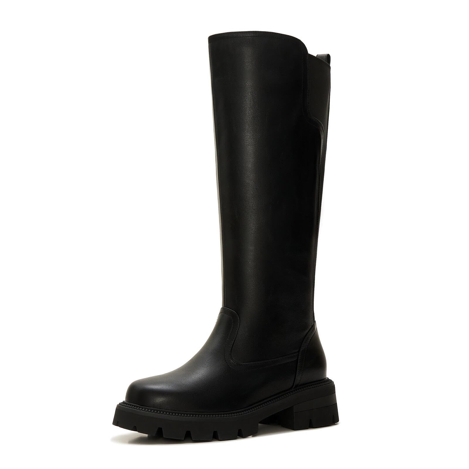 ZXHYZLZ Womens Wide Calf Knee High Platform Boots Leather Look Chunky Sole Tall Boots with Stretch Back Slip-On