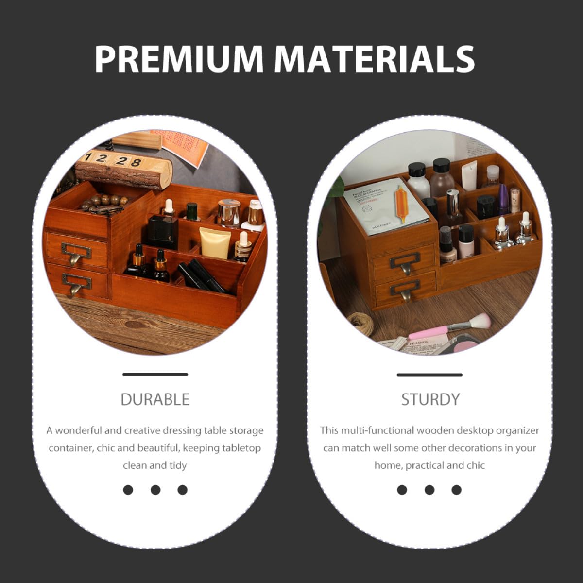 Porta Oggetti da Scrivania in Legno 6 Scomparti e 2 Cassetti, Organizer Multifunzionale per Piccoli Oggetti, Elegante e Decorativo per Casa e