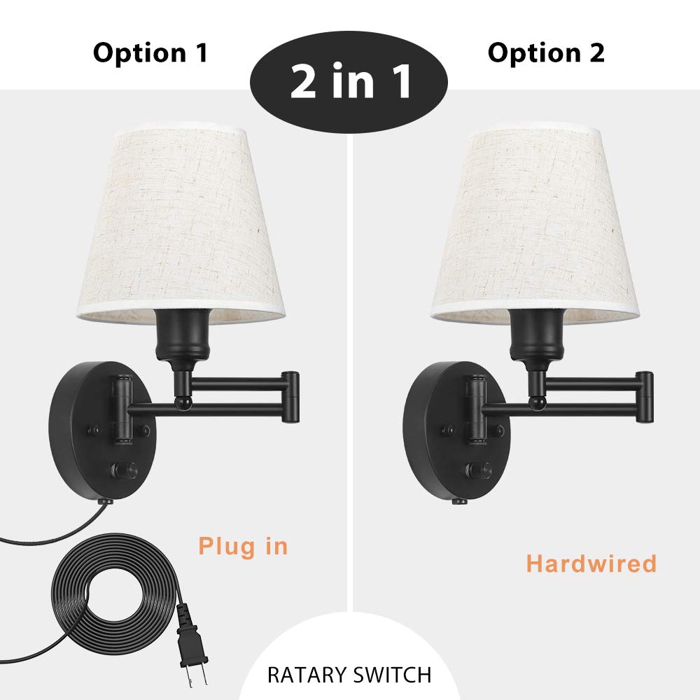 Plug in Wall Sconce Set of 2, Swing Arm Wall Lamp with Linen Lampshade, Modern Reading Wall Light Fixtures for Hallway Bedroom Living Room