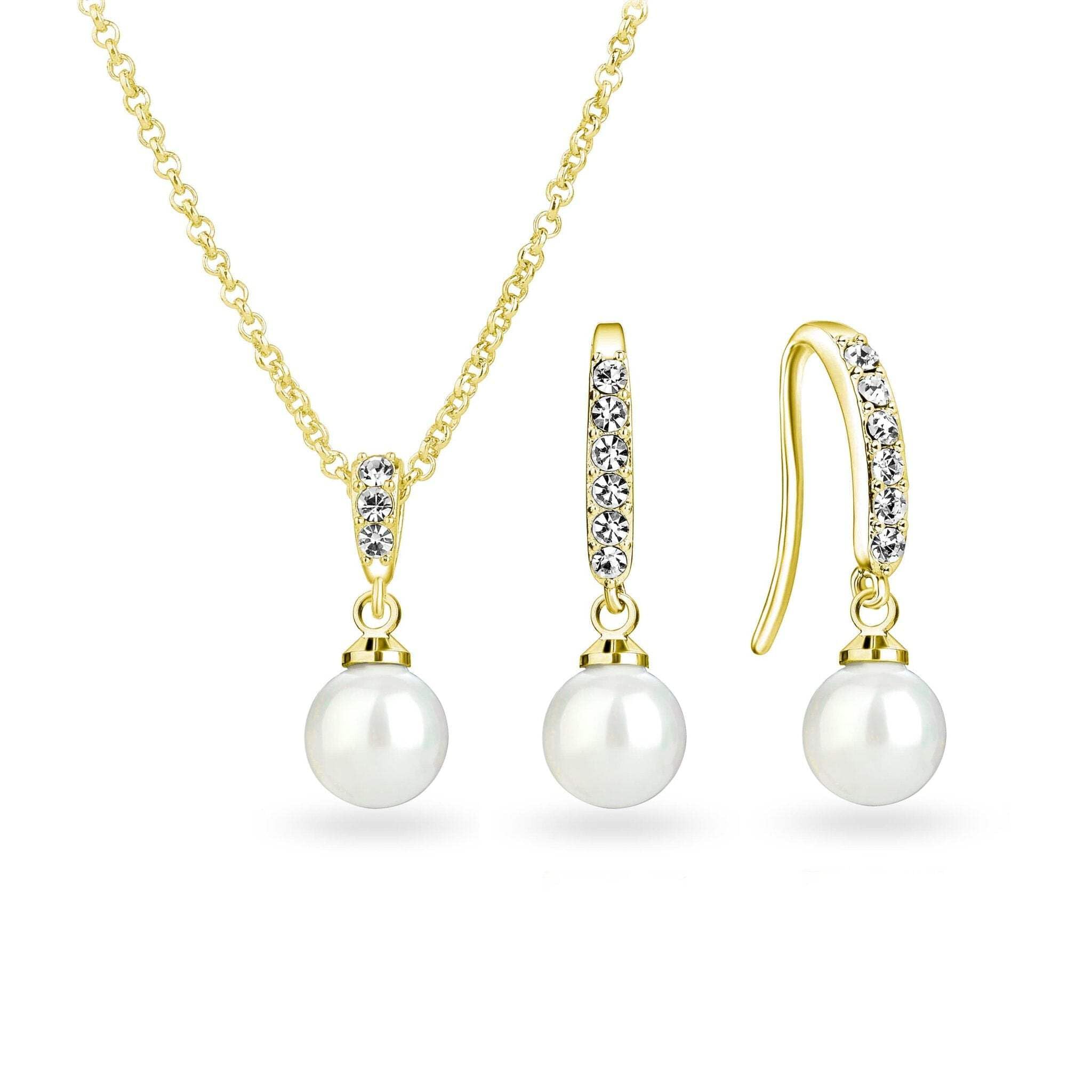 18k Gold Plated Pearl Drop Set Created with Zircondia® Crystals