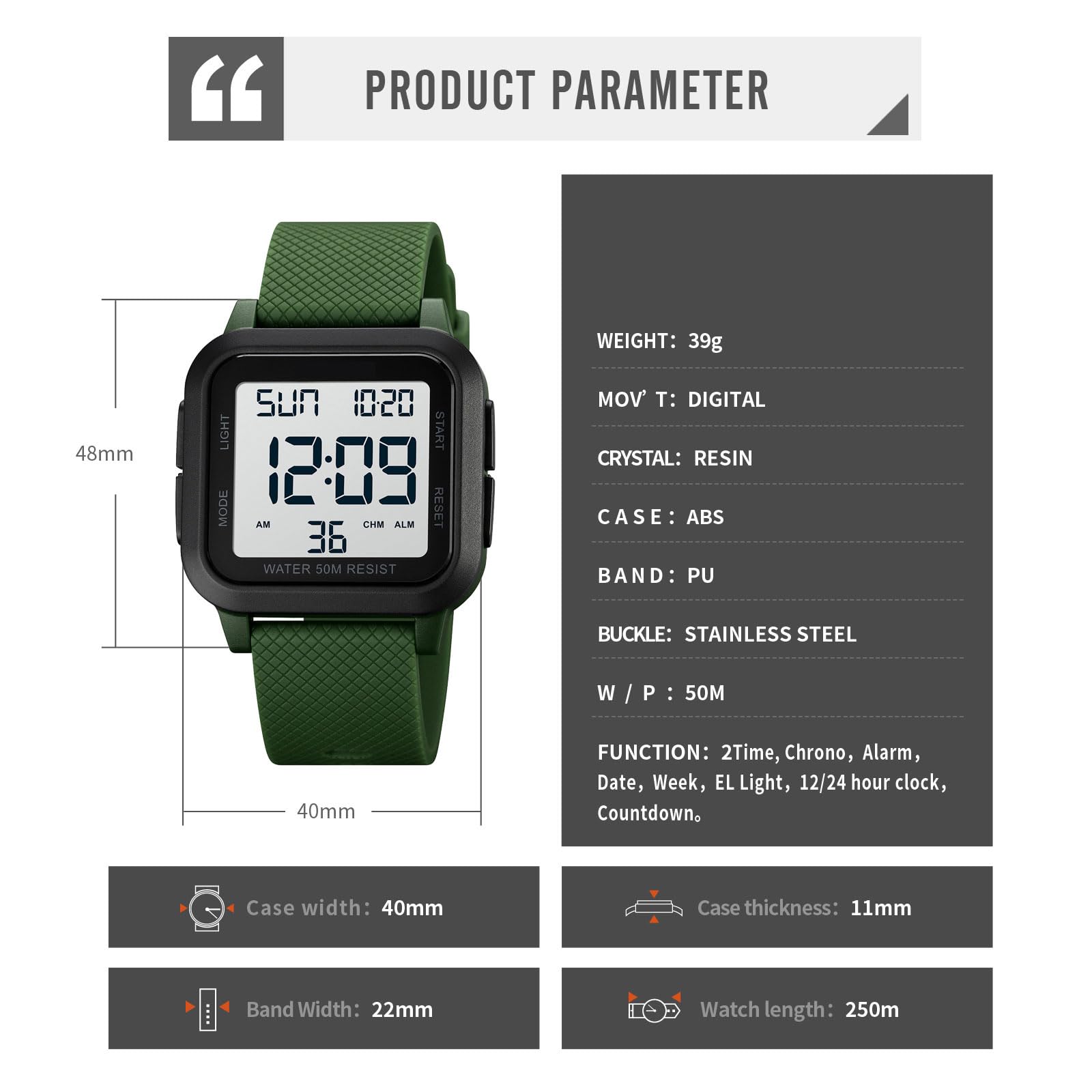 findtime Reloj digital unisex para hombre y mujer, esfera cuadrada, números grandes, LED, electrónico, resistente al agua, alarma, temporizador de cuenta regresiva, hora dual, cronómetro, 12/24 horas
