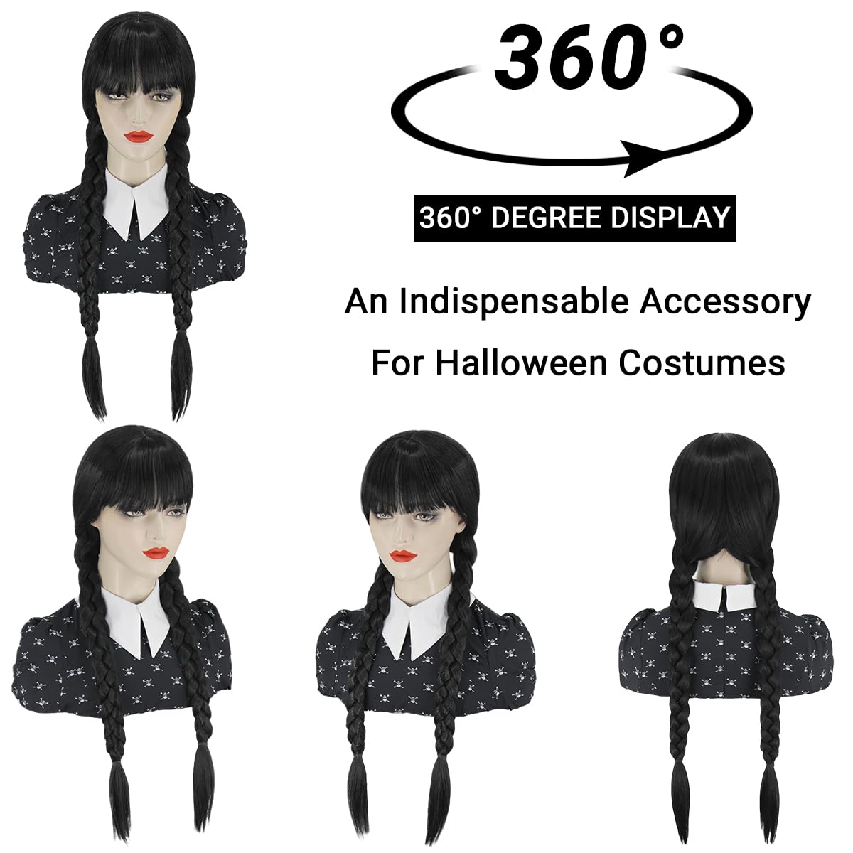 JZ025BK - Pelucas negras trenzadas para disfraz gótico para mujer, linda peluca negra suave con flequillo para disfraz de Halloween Cosplay 7