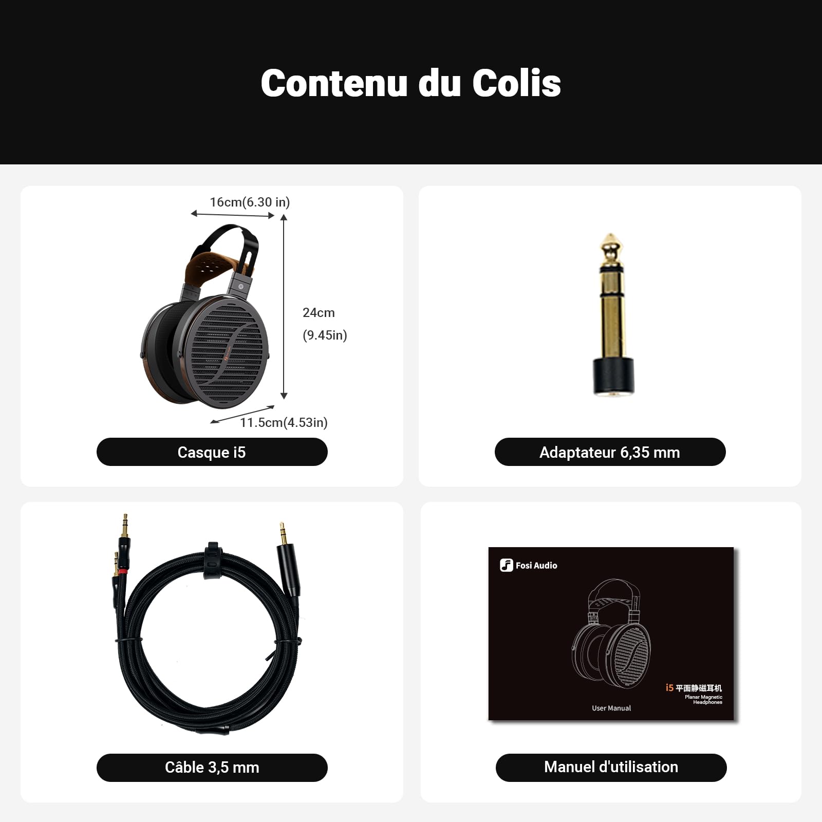 Fosi Audio i5 Casque Magnétique Planaire Ouvert avec Diaphragme Ultra-Large de 97 mm, Métal CNC et Bois de Noyer, Casque de Studio Filaire Audiophile pour Appareils Multi-Sources