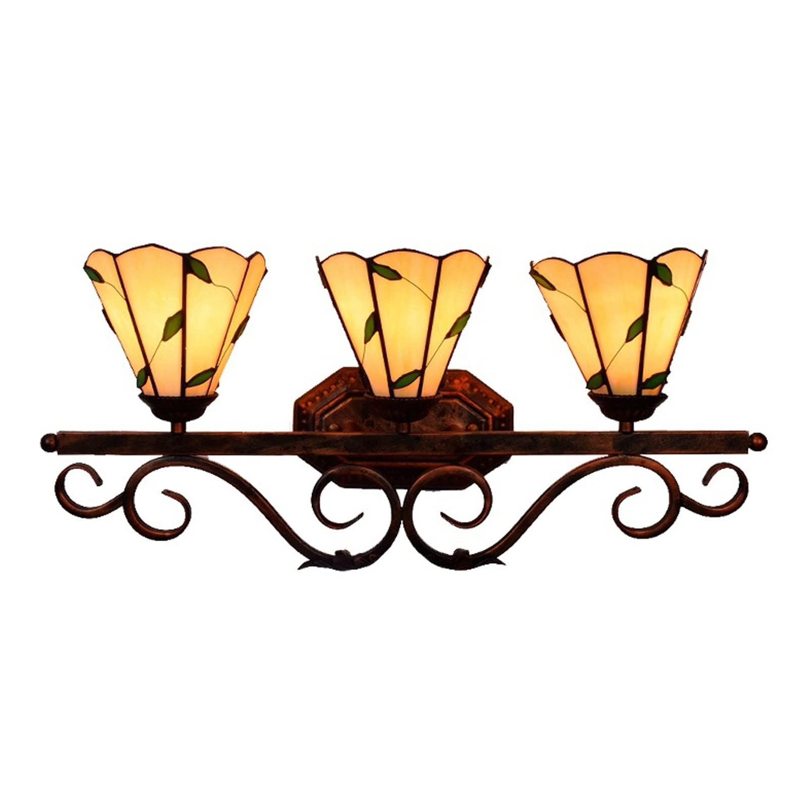 SXSCARKX Tiffany Style Wall Lamp 3 Head Light Green Leaf Design Stained Glass with Iron Base for Dining Room Bedroom Aisle Hallway Bathroom Needed