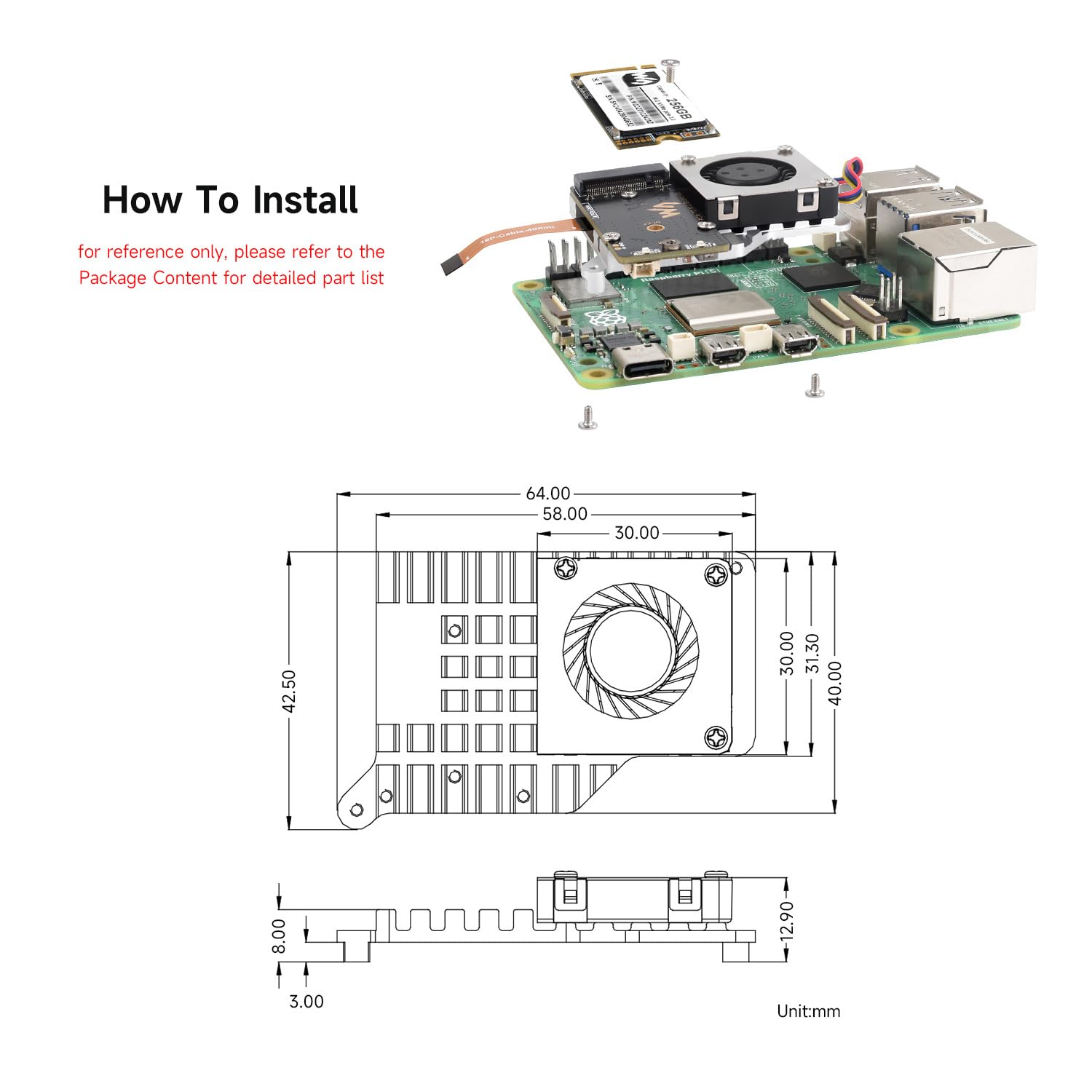 Waveshare PCIe to M.2 Adapter Board (E) For Raspberry Pi 5, With Cooling Fan, Compatible With 2242/2230 NVMe Protocol M.2 Solid State Drive, 8Gbps Data Rate, High-Speed Reading/Writing, Pi 5 NVMe