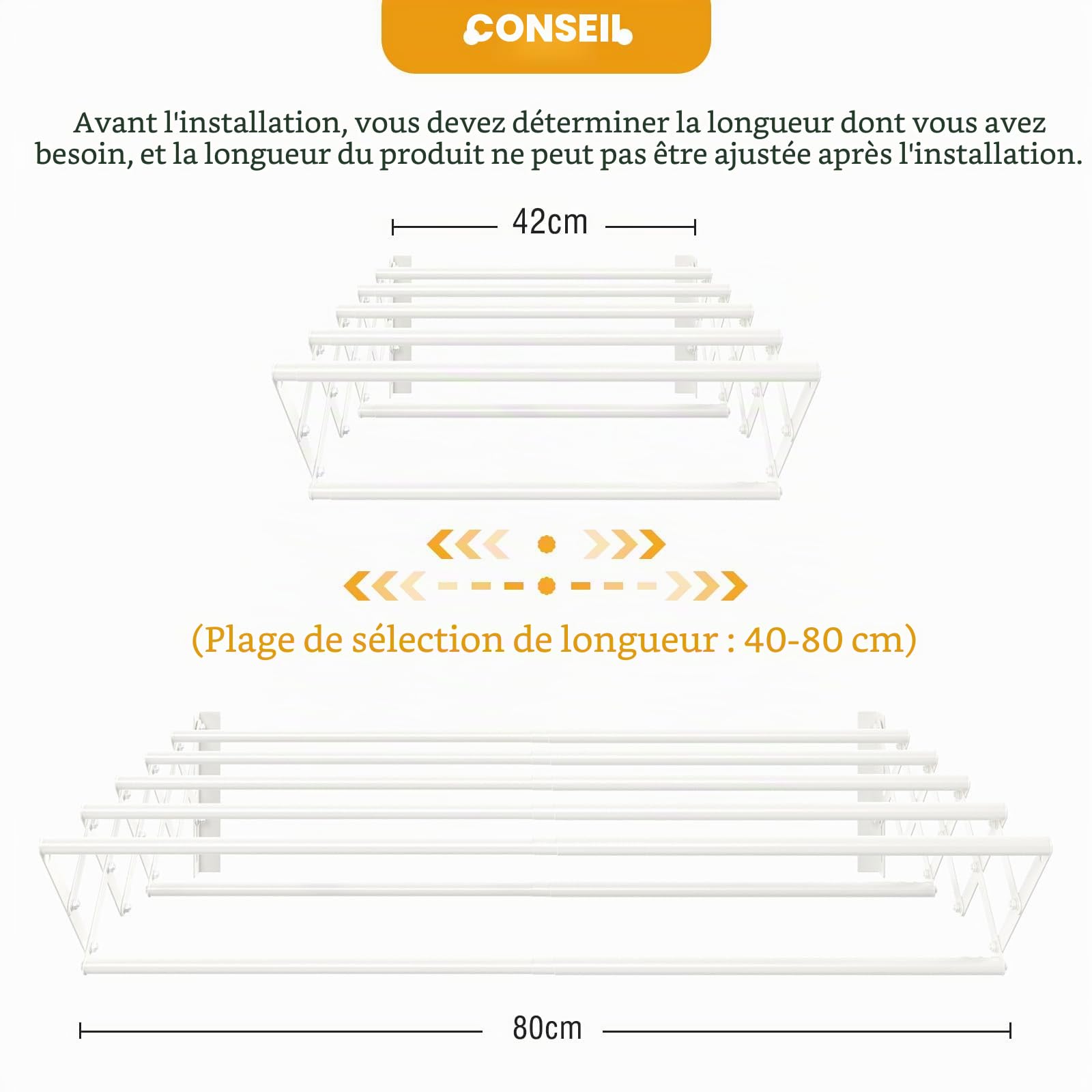 YOUDENOVA Séchoir à linge mural extensible avec 7 barres, support de séchage peu encombrant pour buanderie, porte-serviettes en métal pour salle de bain, (42-80) x 59 x 19 cm, blanc