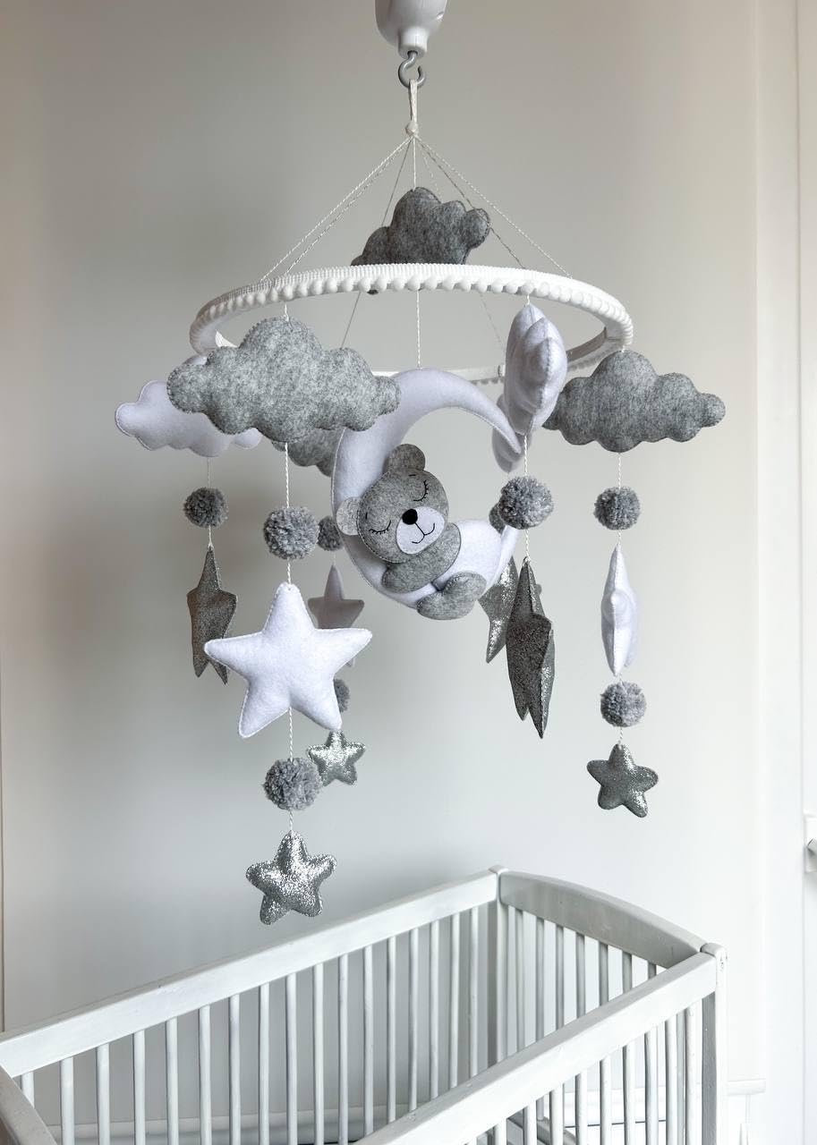 Baby mobile Montessori Giostrina lettino per neonato Carillon giostrina musicale in feltro, idea regalo neonato baby shower (Orso grigio)