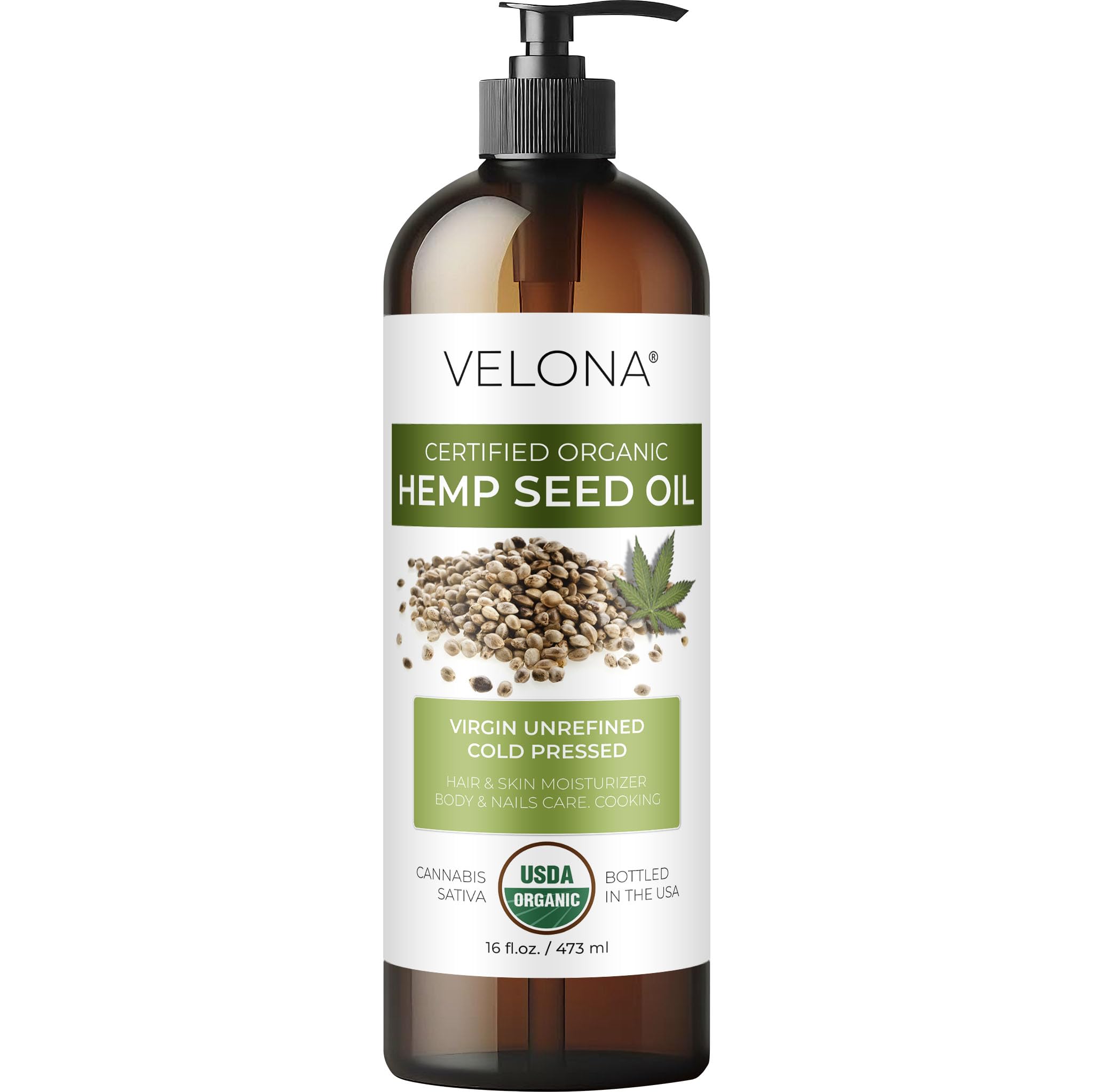 velona Hemp Seed Oil USDA Certified Organic - 16 Fl Oz | 100% Pure and Natural Carrier Oil | Unrefined, Cold Pressed | Hair, Body, Face & Skin Care